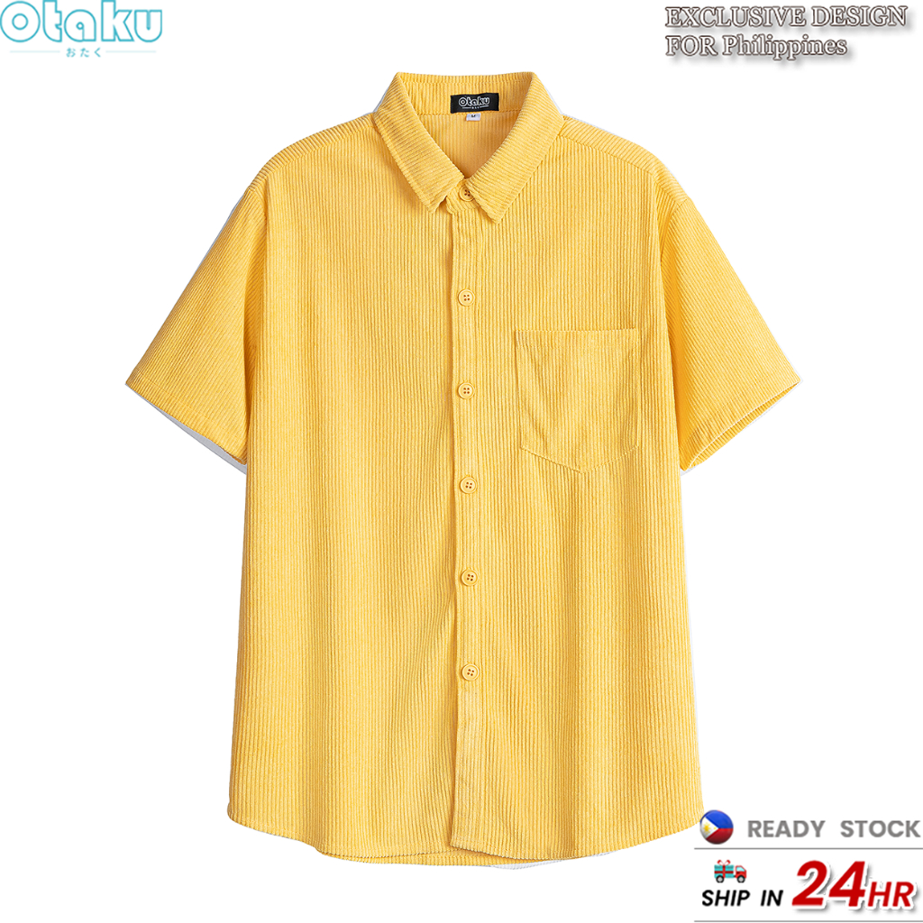 OTAKU Corduroy Short Sleeve Shirts For Men 220GSM Plain Casual Polo Shirt Plain Oversized Shirt Men