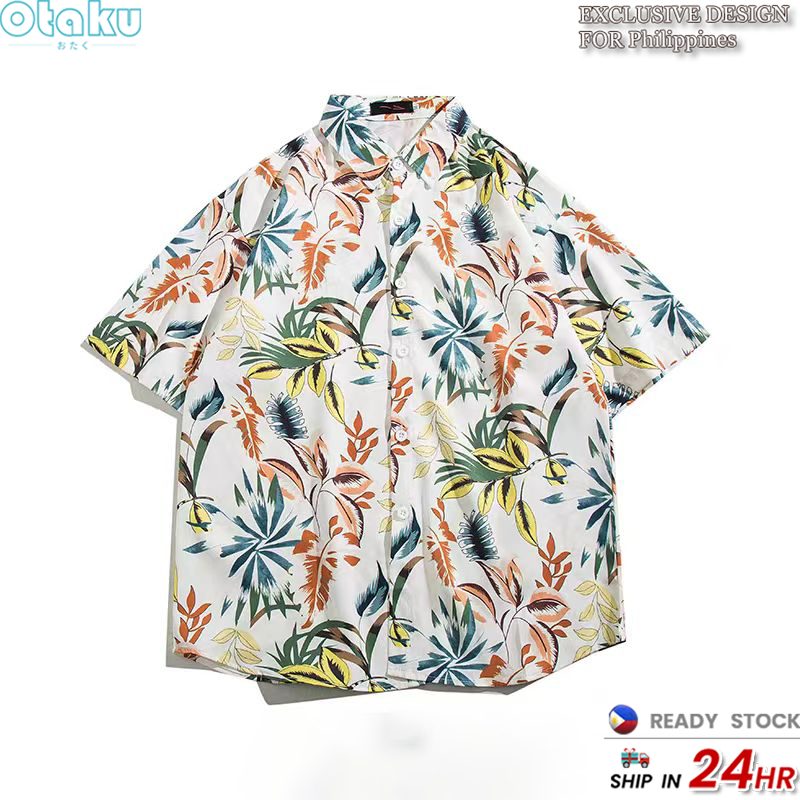 OTAKU Men's Pure Cotton Boho Loose Casual Short Sleeve Floral Shirt Hawaiian Beach Vacation Tops