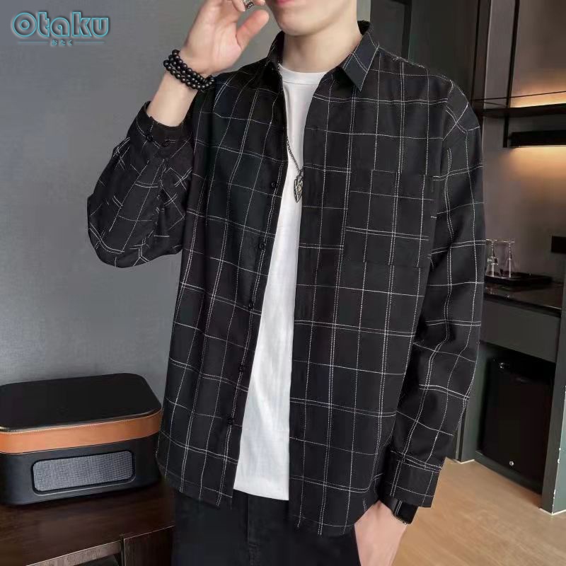 OTAKU Plaid Polo For Men Long Sleeve Loose Casual Shirts Overlay And Women
