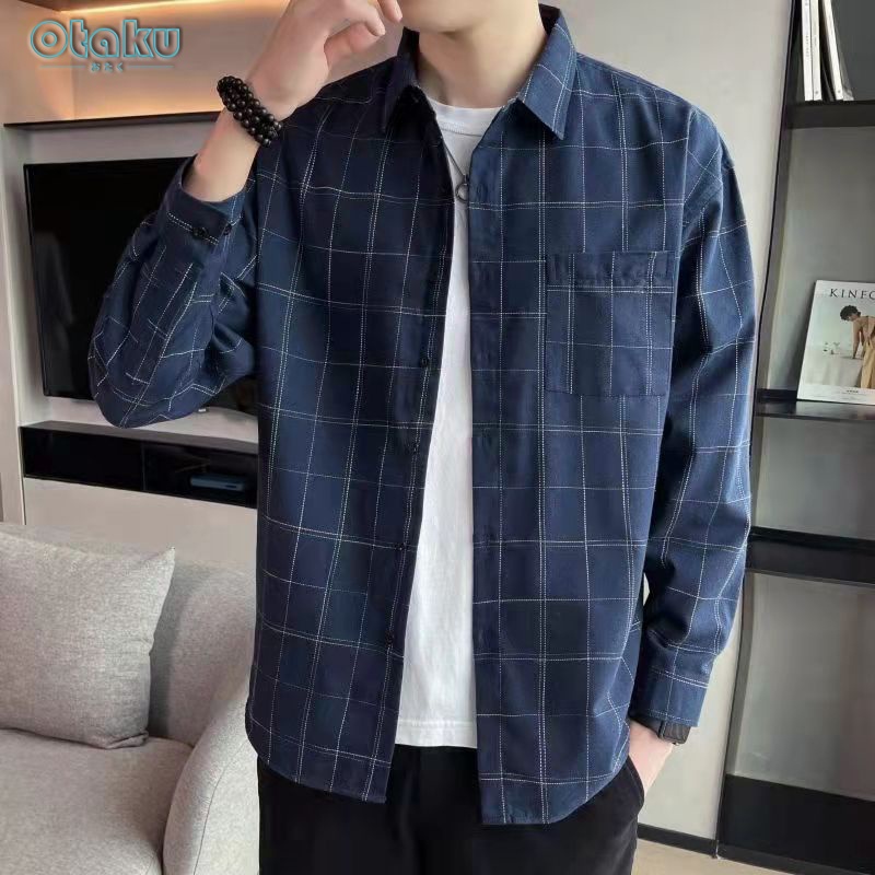 OTAKU Plaid Polo For Men Long Sleeve Loose Casual Shirts Overlay And Women