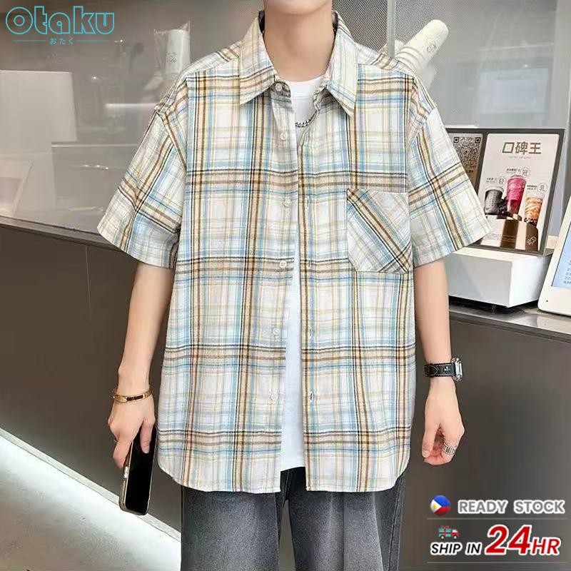 OTAKU Plaid Shirt For Men short Sleeved Unisex Flannel Fashion Shirt Lapel Neck Top With Pocket