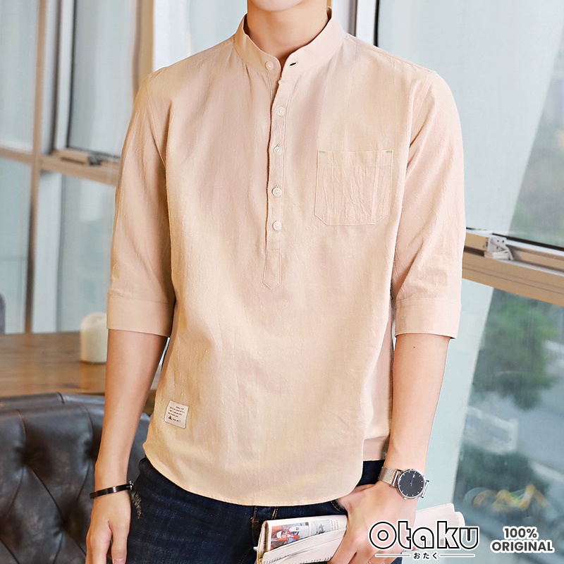 OTAKU Men Cotton Linen Chinese Collar 4/3 Sleeve Shirt Stand Casual Polo