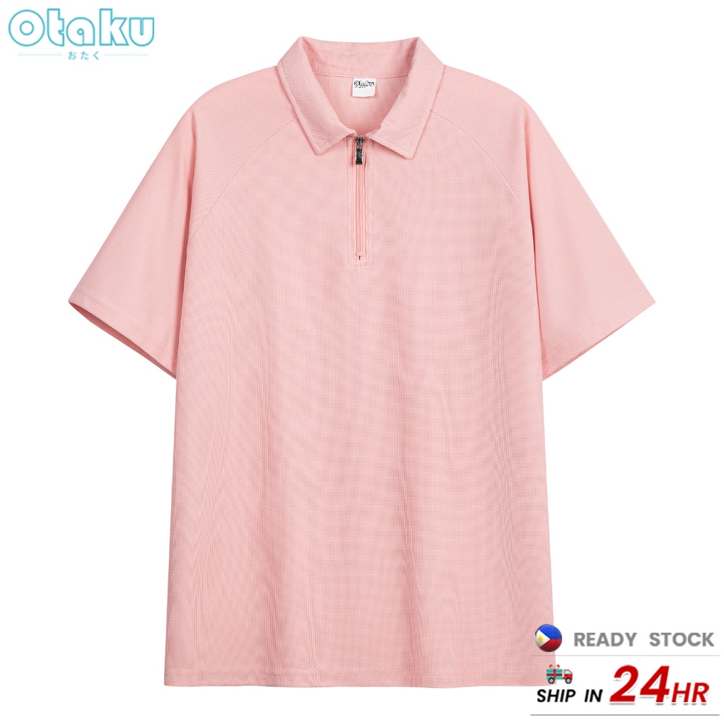 Otaku Half-Zip Polo Shirt Men's Korean Style Casual Short Sleeve Plain Half Sleeves Polo Collar