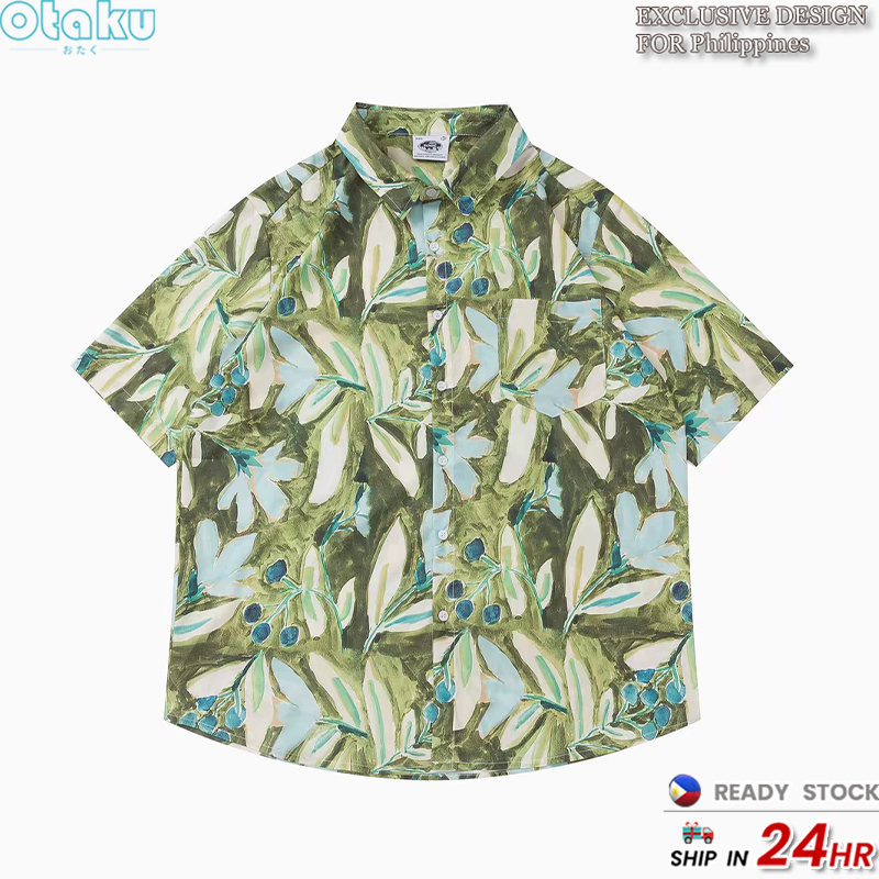OTAKU Men's Pure Cotton Boho Loose Casual Short Sleeve Floral Shirt Hawaiian Beach Vacation Tops