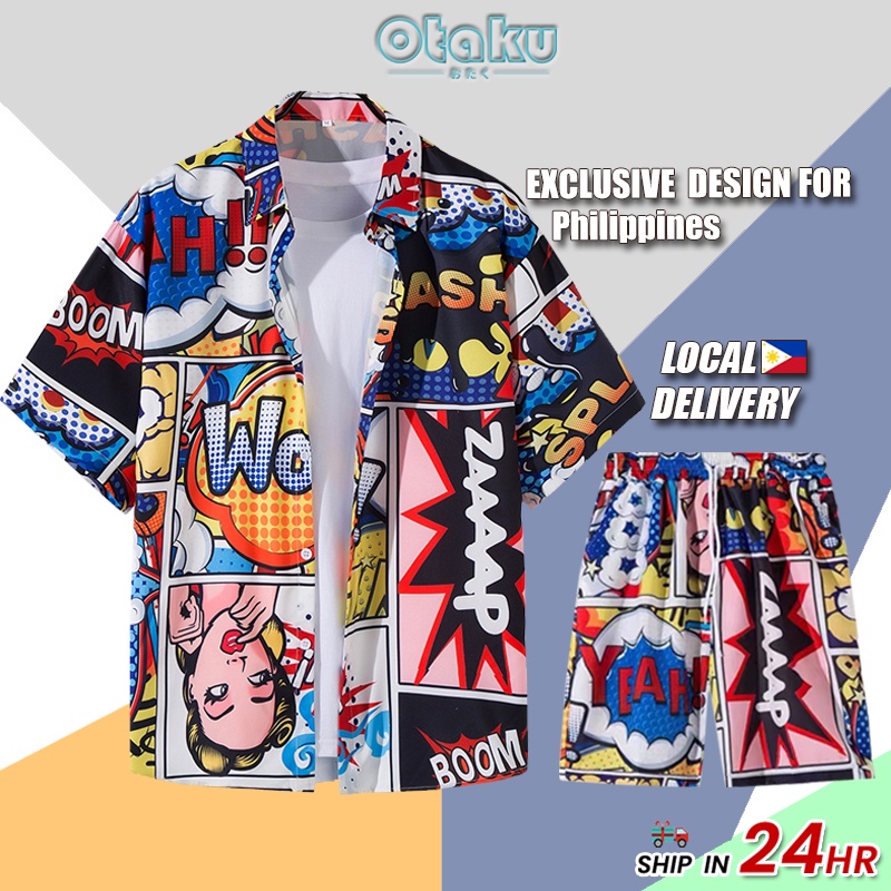 OTAKU Hawaiian Polo Suit For Men Floral Shirt Set Beach Oversized Plus Size