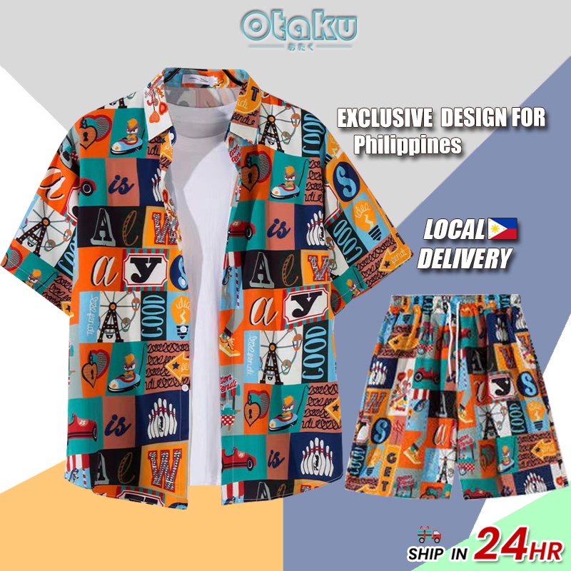 OTAKU Hawaiian Polo Suit For Men Floral Shirt Set Beach Oversized Plus Size