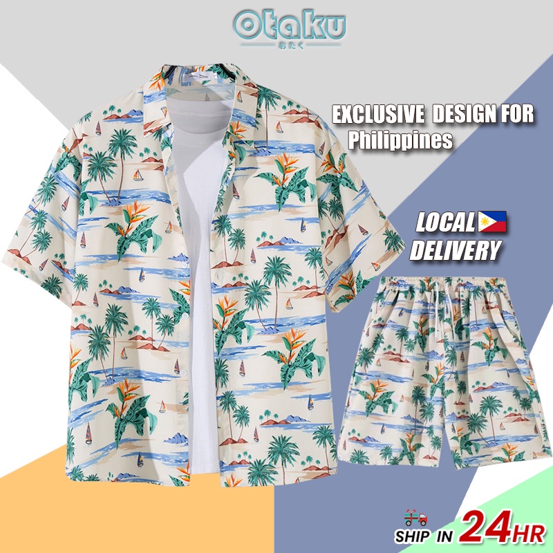 OTAKU Hawaiian Polo Suit For Men Floral Shirt Set Beach Oversized Plus Size