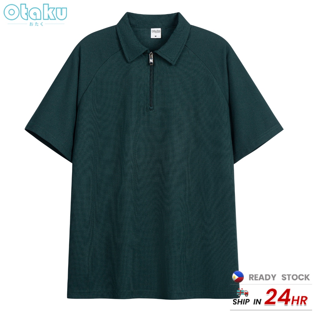 Otaku Half-Zip Polo Shirt Men's Korean Style Casual Short Sleeve Plain Half Sleeves Polo Collar
