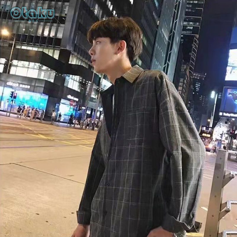 OTAKU Plaid Polo For Men Long Sleeve Loose Casual Shirts Overlay And Women