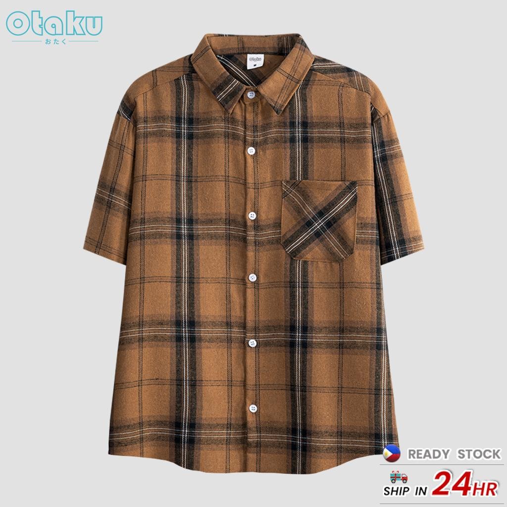 OTAKU Plaid Shirt For Men short Sleeved Unisex Flannel Fashion Shirt Lapel Neck Top With Pocket