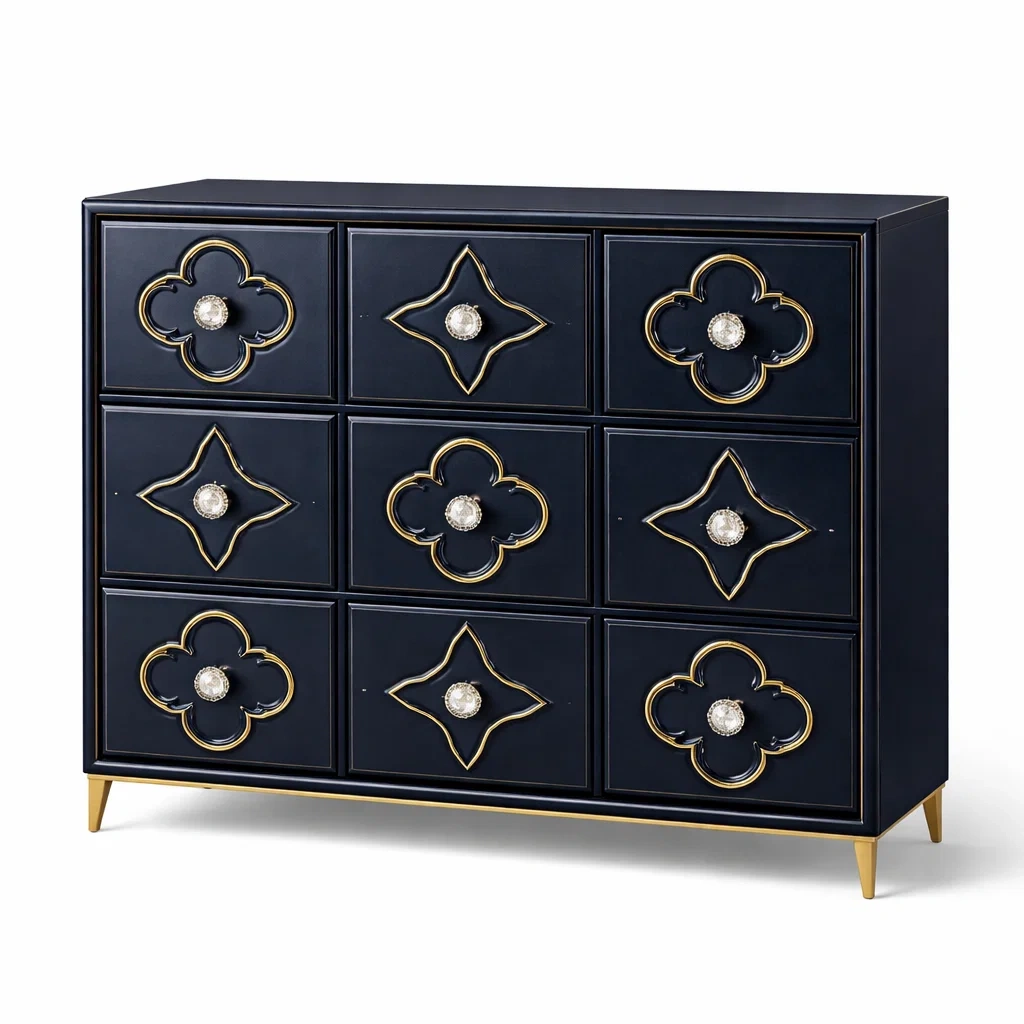 Commode en bois noir et doré avec 9 tiroirs-HOME trovez