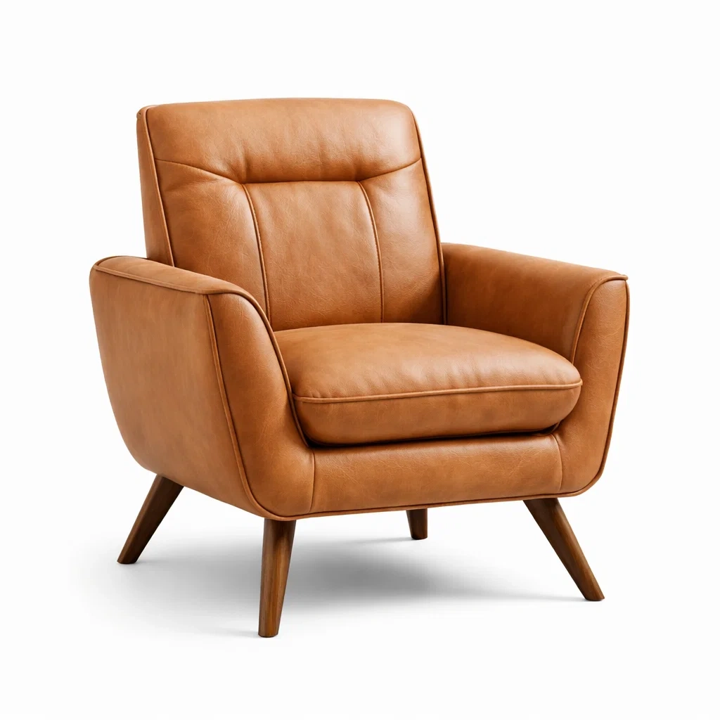 Fauteuil en cuir synthétique marron avec pieds en bois-HOME trovez