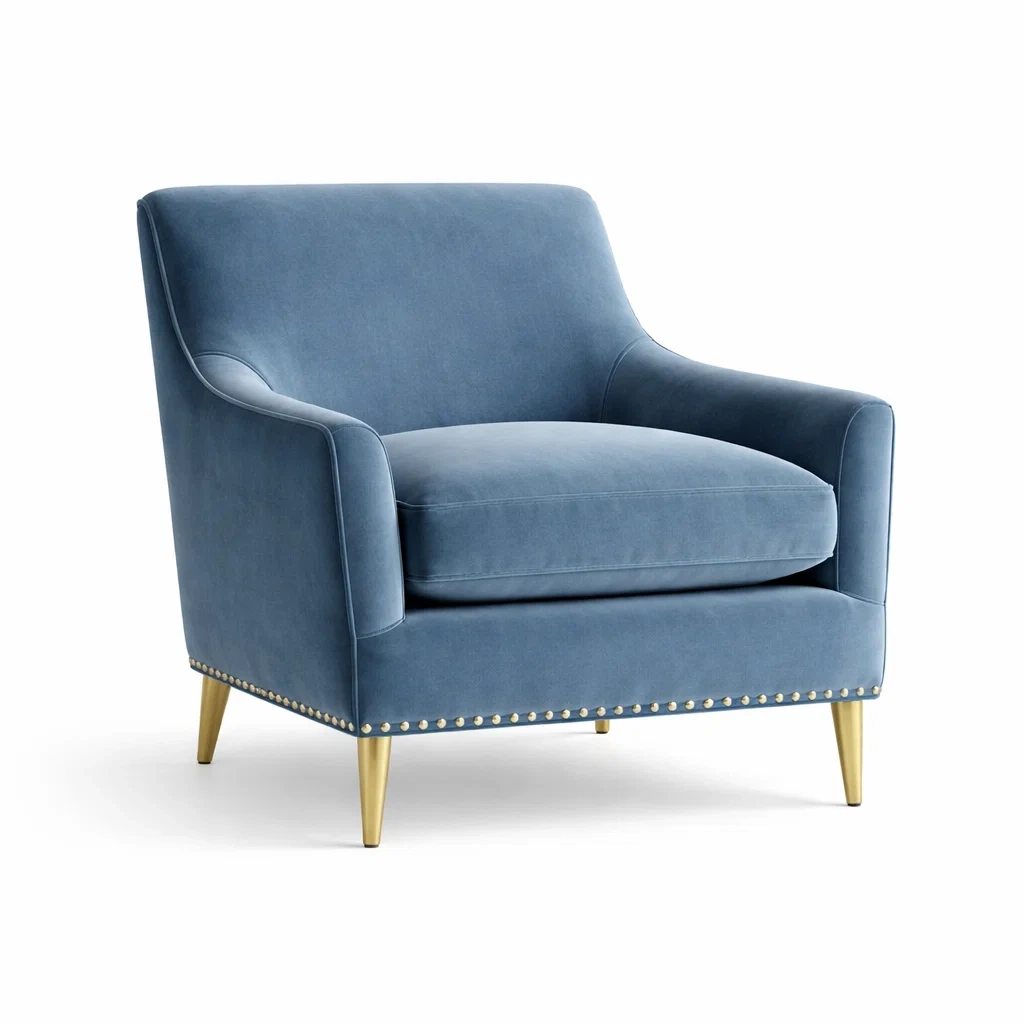 Fauteuil en velours bleu avec pieds en métal doré-HOME trovez