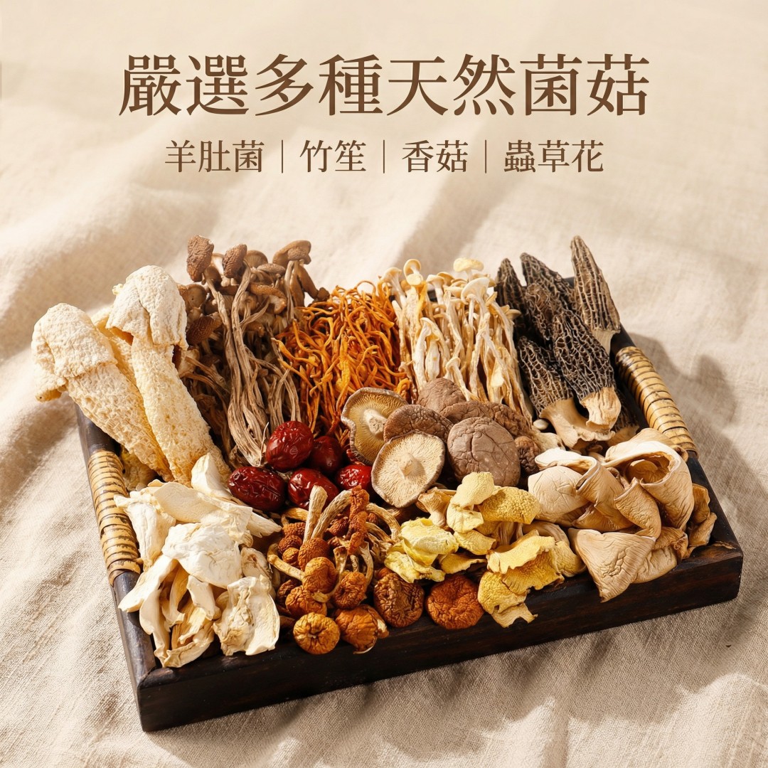 菌菇展示：嚴選七款雲南珍稀菌菇平鋪特寫（羊肚菌、蟲草花、竹蓀等）