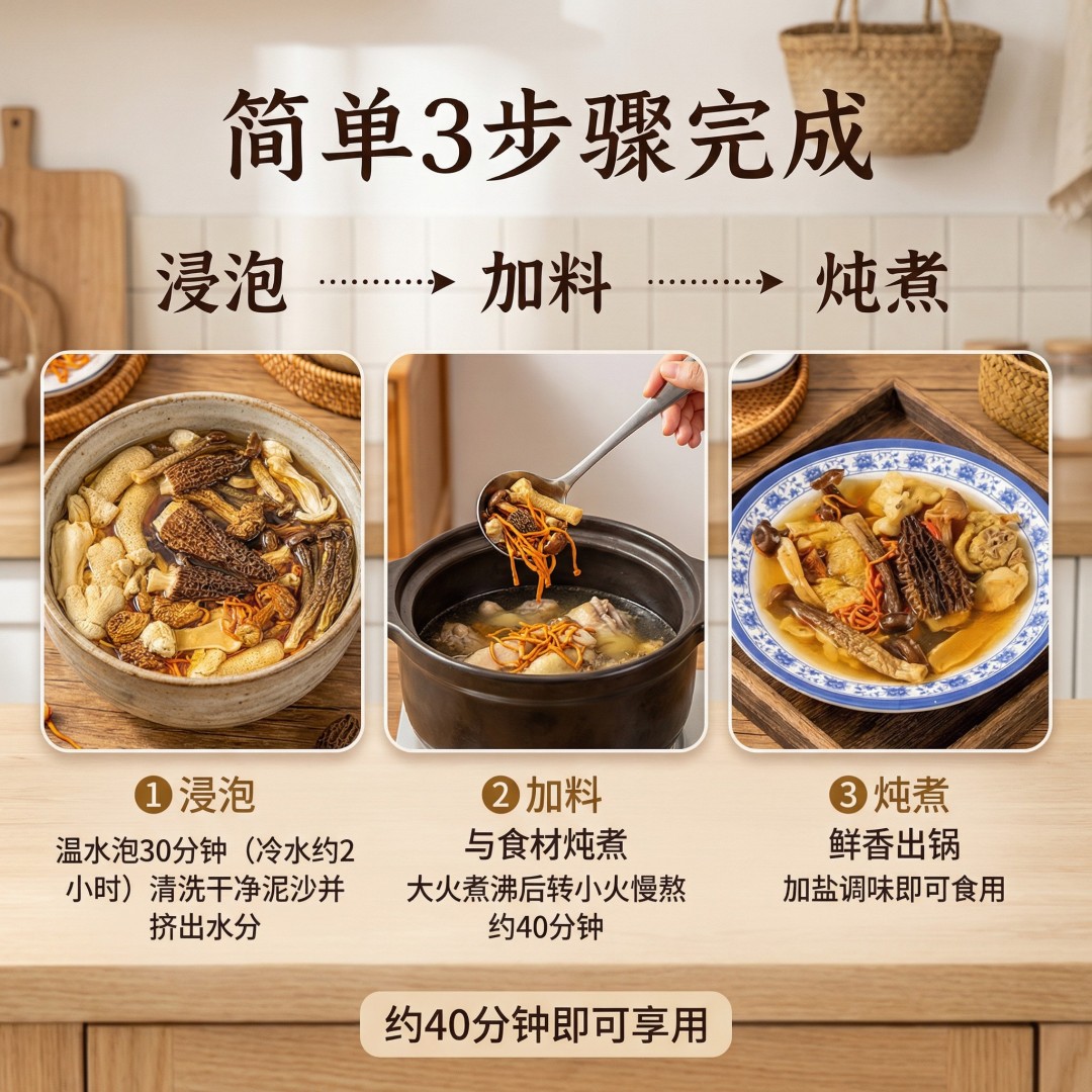 湯品效果：金黃色澄澈菌菇高湯勺起湯特寫，天然鮮甜無添加