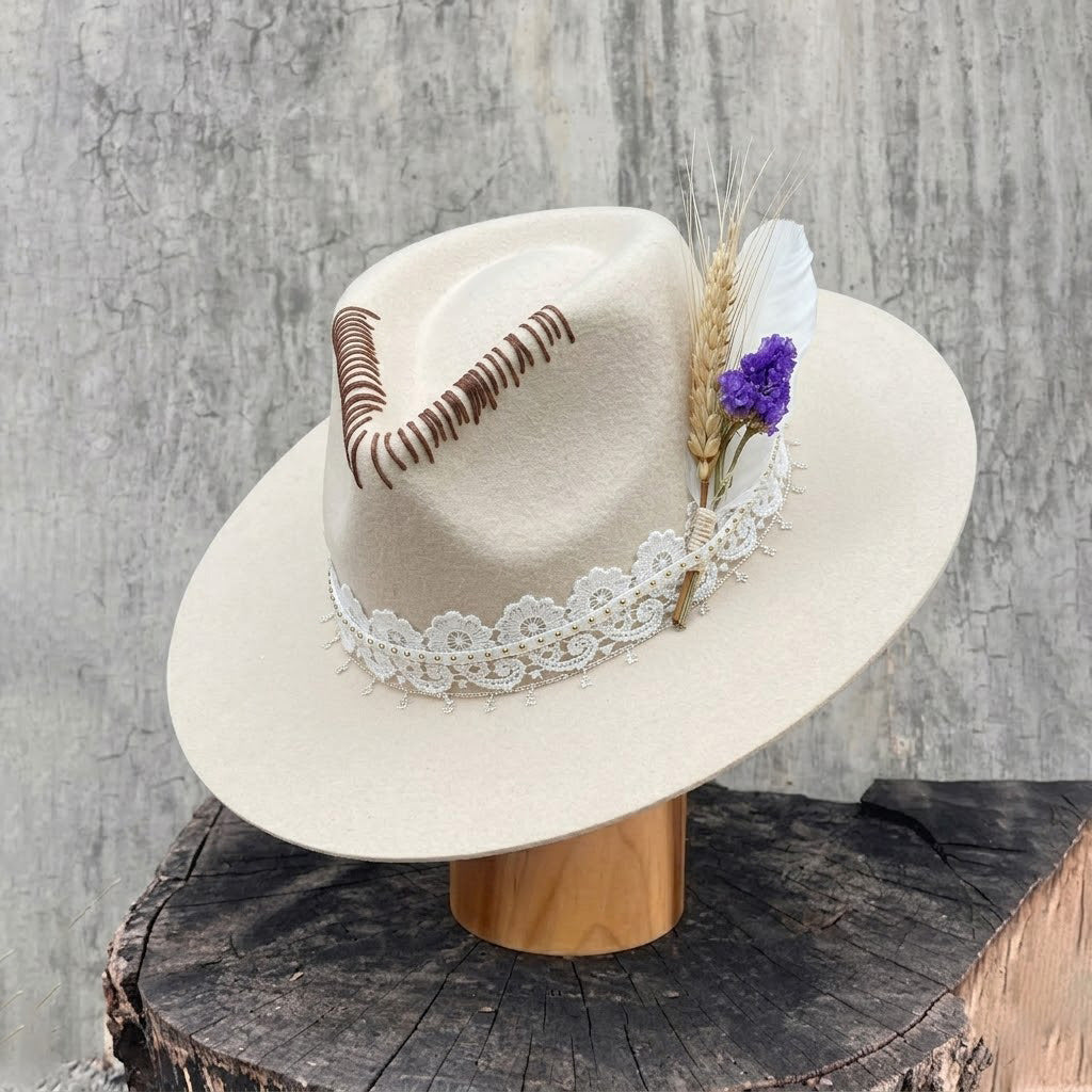 Cream Felt Fedora with Lace Band & Star Chain