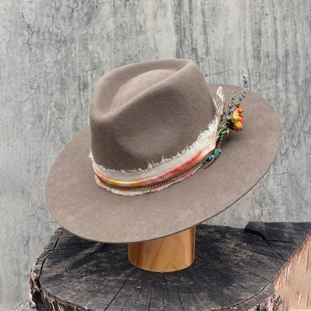 Camel Felt Hat - Silver Chain & Natural Feather Detail