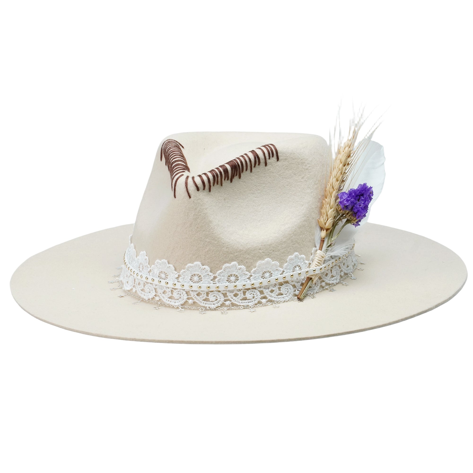 Cream Felt Fedora with Lace Band & Star Chain
