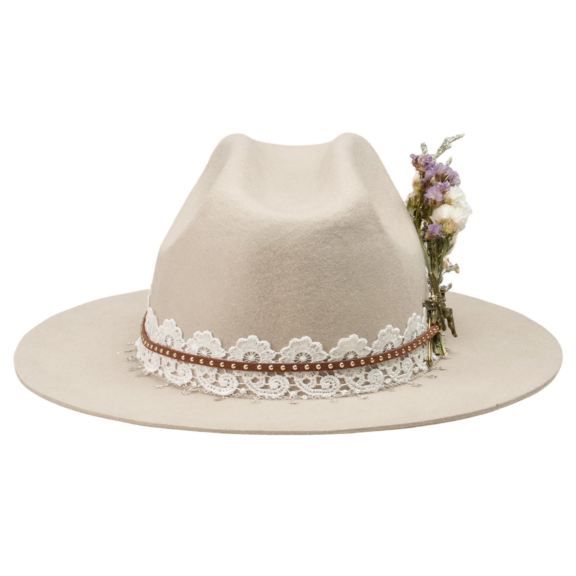 Cream Felt Hat - Star Chain & Bronze Yellow Pin