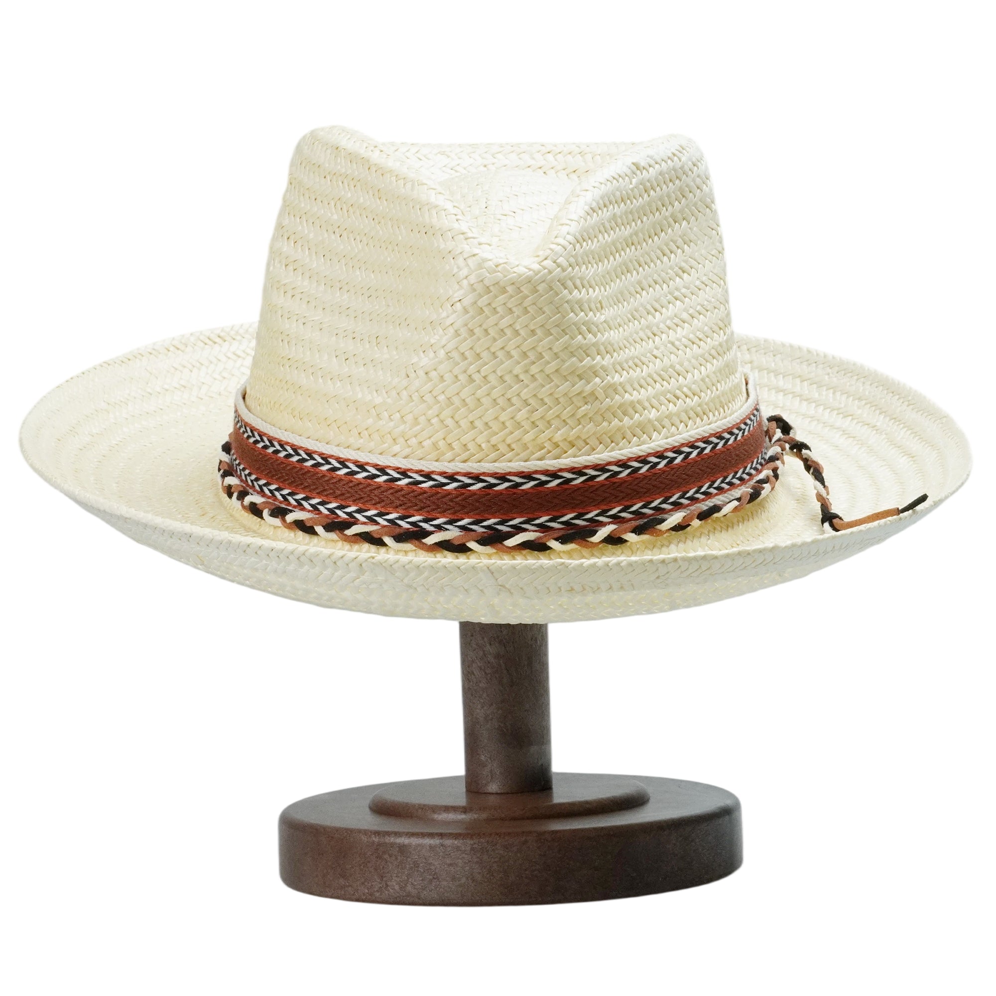 Off-White Straw Hat with Woven Print Band & Three-Color Braid