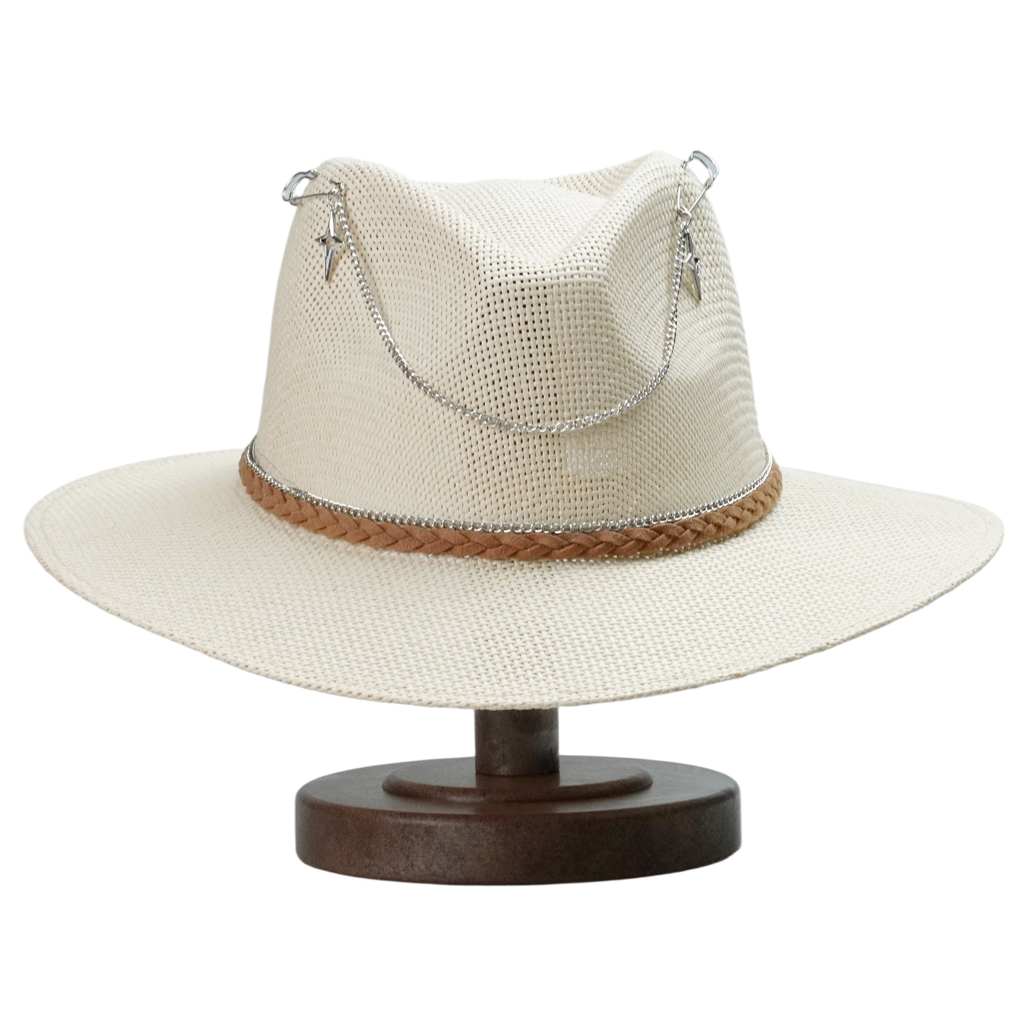 Off-White Straw Hat with Silver Chain & Woven Band