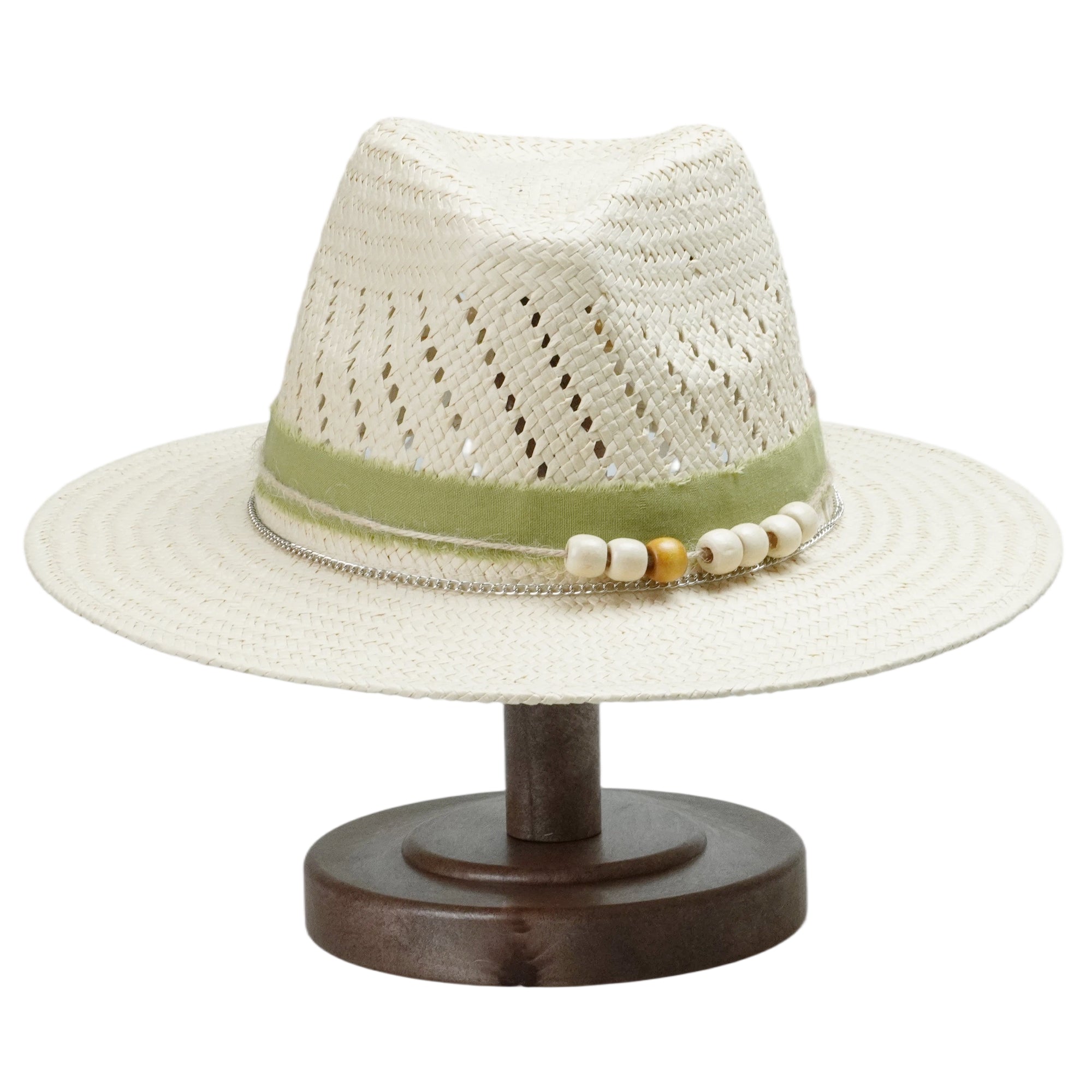 Off-White Straw Hat with Green Fabric Band & Silver Chain