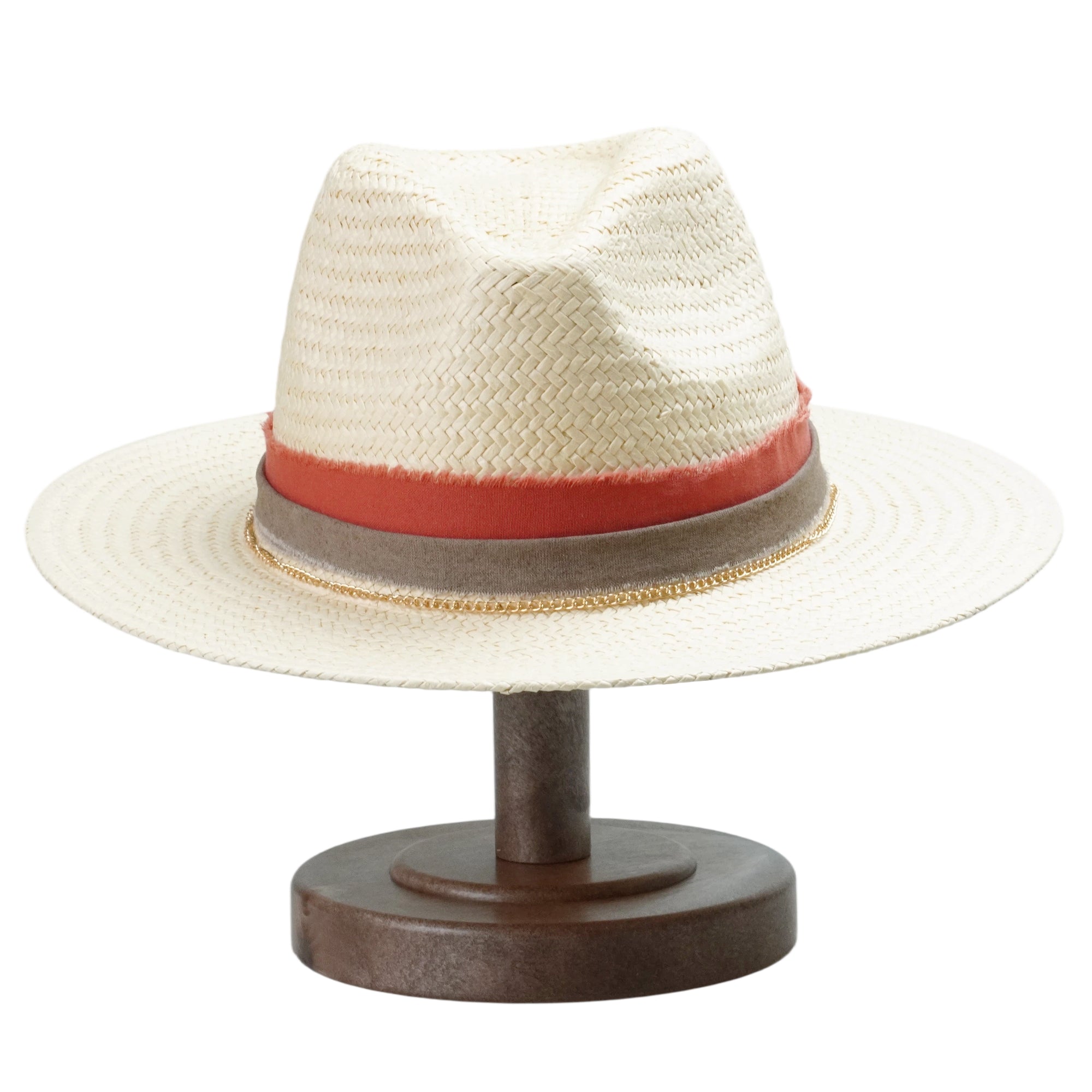 Beige Straw Hat - Flat Brim with Gold Metal Accent