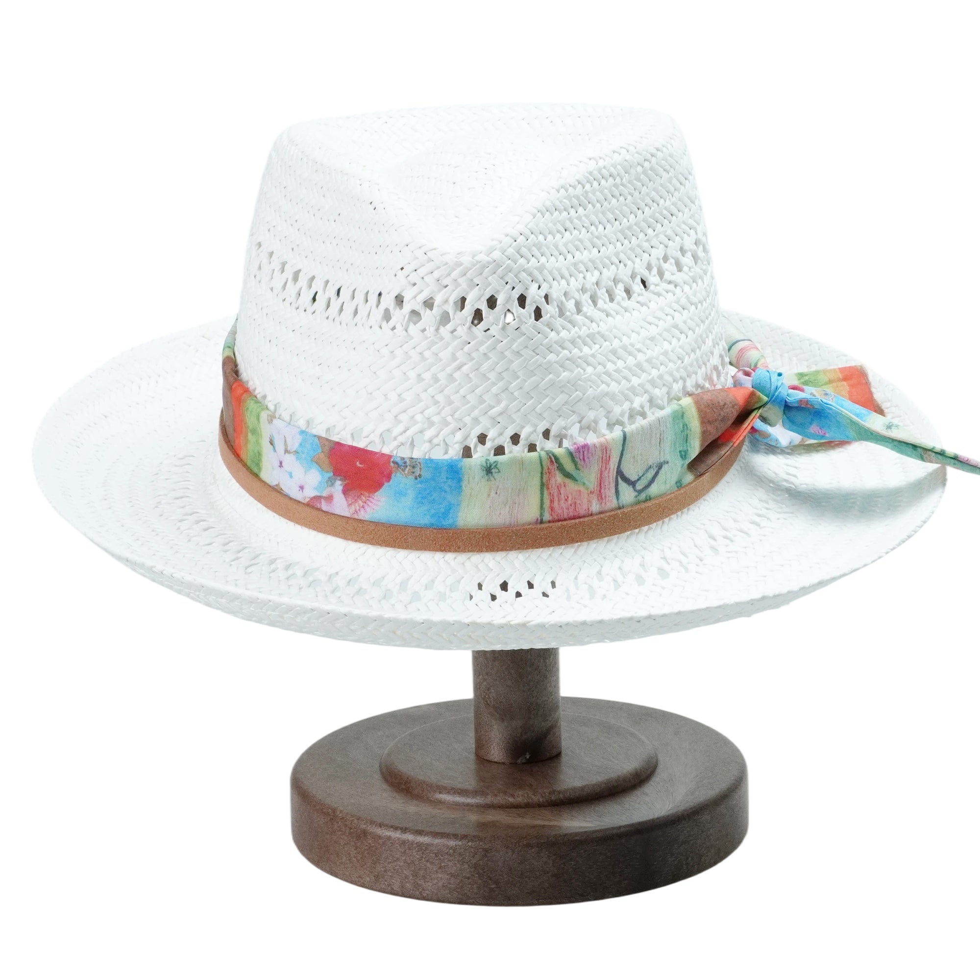 White Straw Hat - Hollow Design with Colorful Fabric Accent