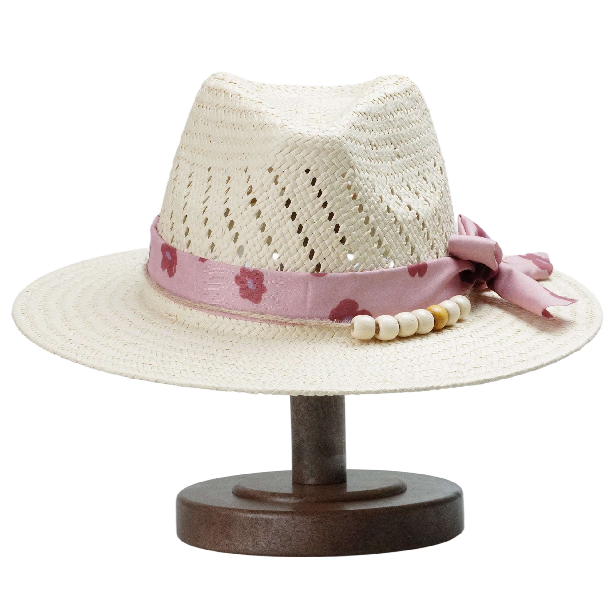 Off-White Straw Hat - Classic Teardrop with Pink Flower Strap