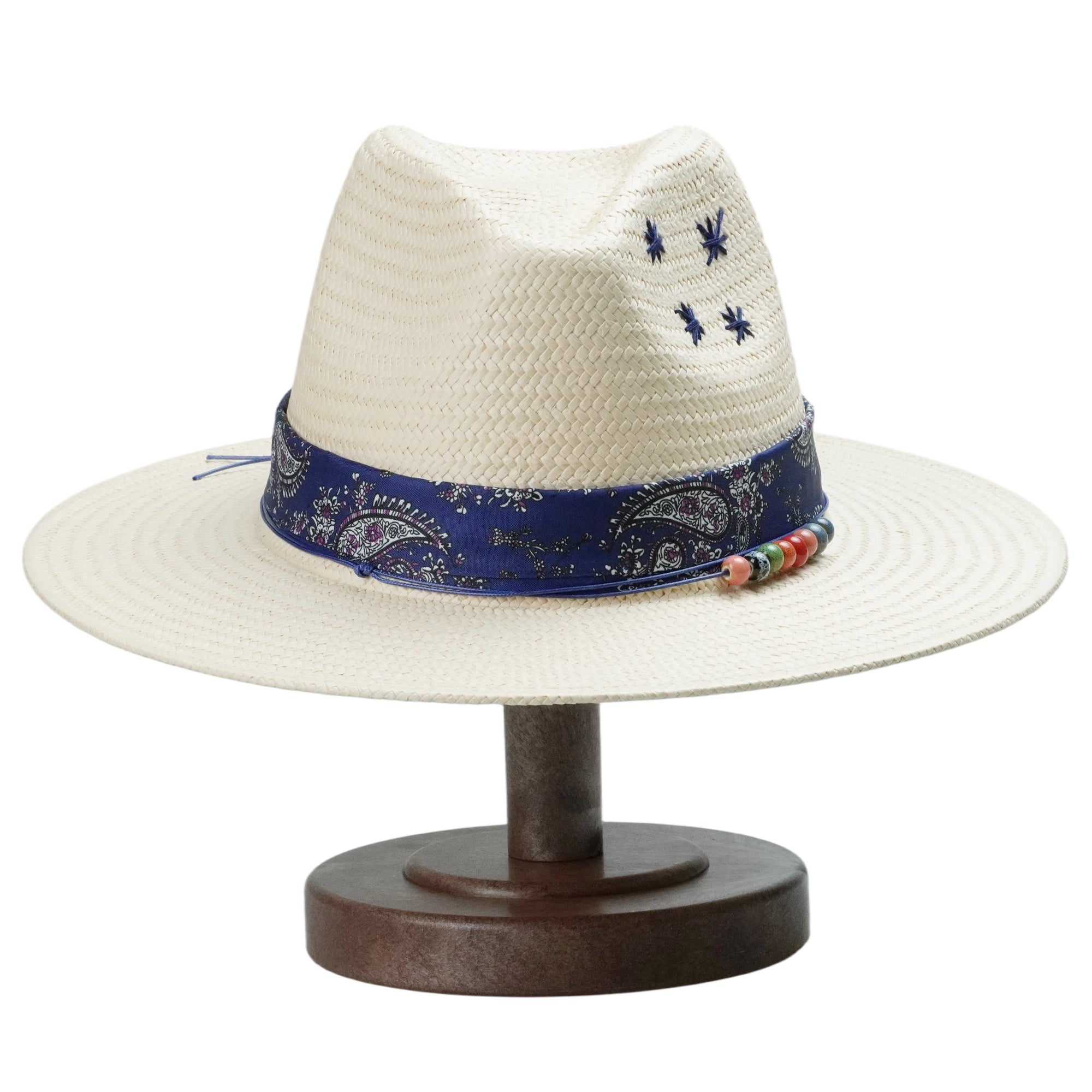 White Straw Hat with Blue Print Band & Colorful Beads