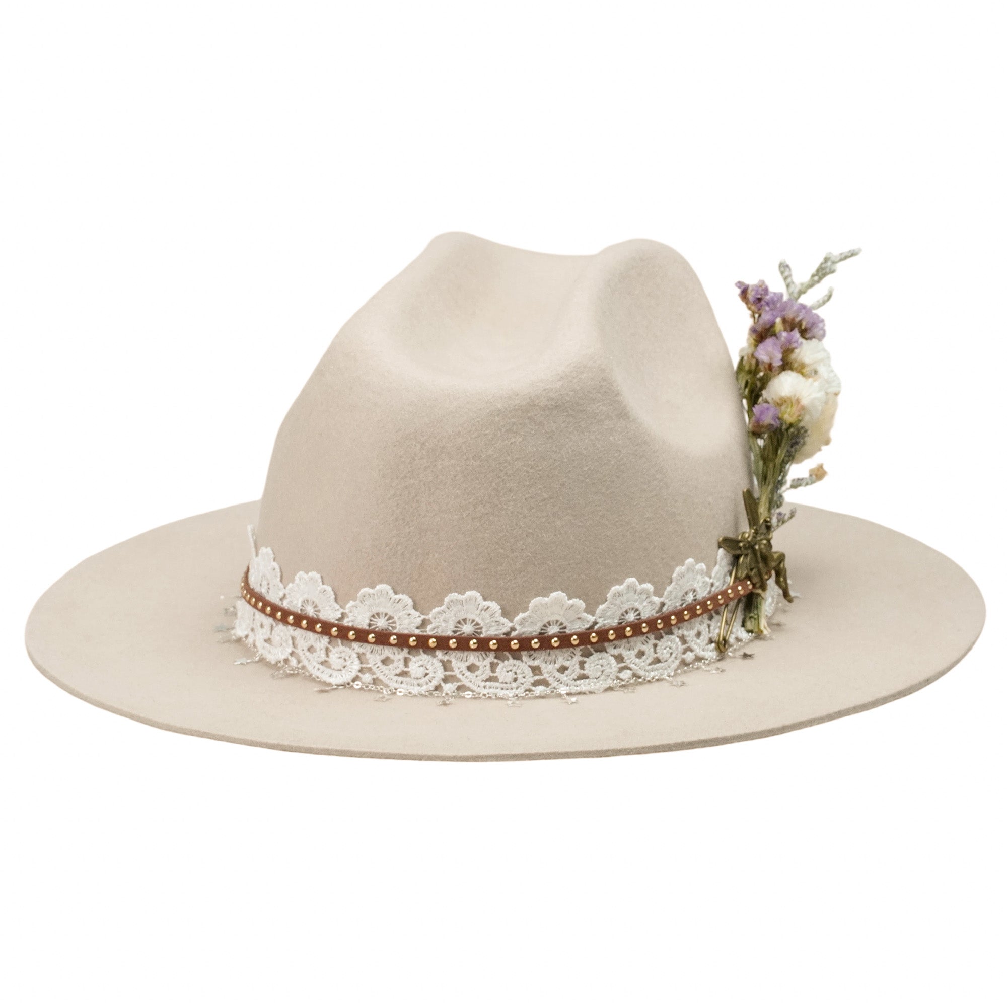 Cream Felt Hat - Star Chain & Bronze Yellow Pin