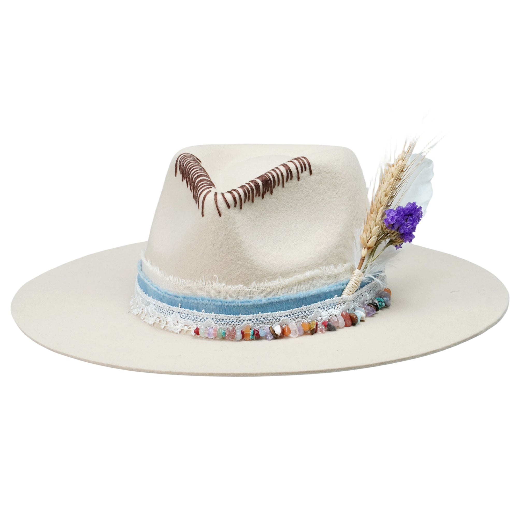 Cream Felt Fedora with Colorful Stones & Dried Flowers