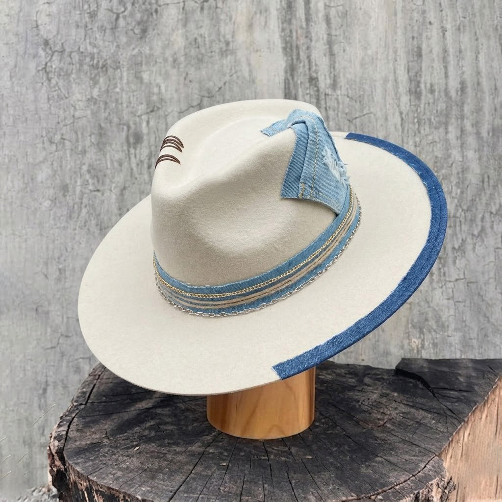 Teardrop Fedora - Cream with Denim Stitching
