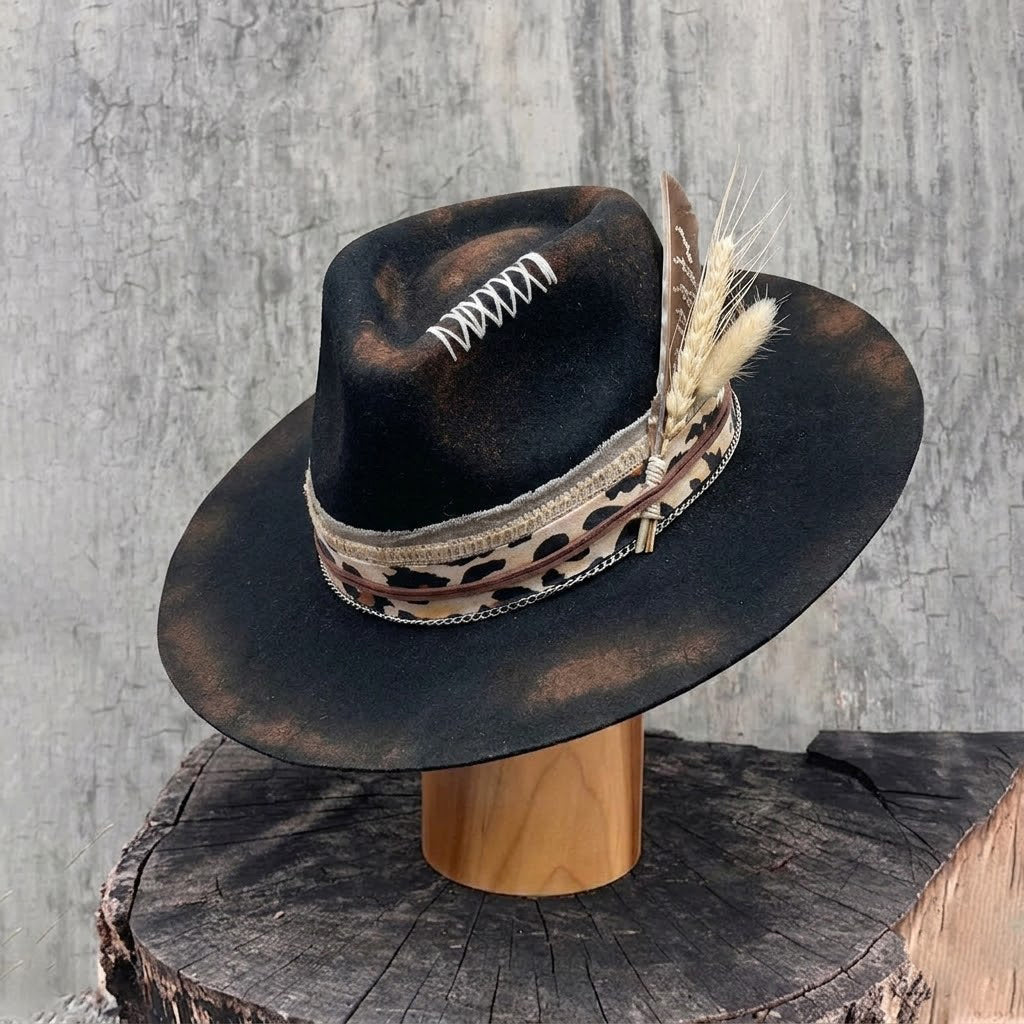 Teardrop Fedora - Black with Burned & Stitched Design