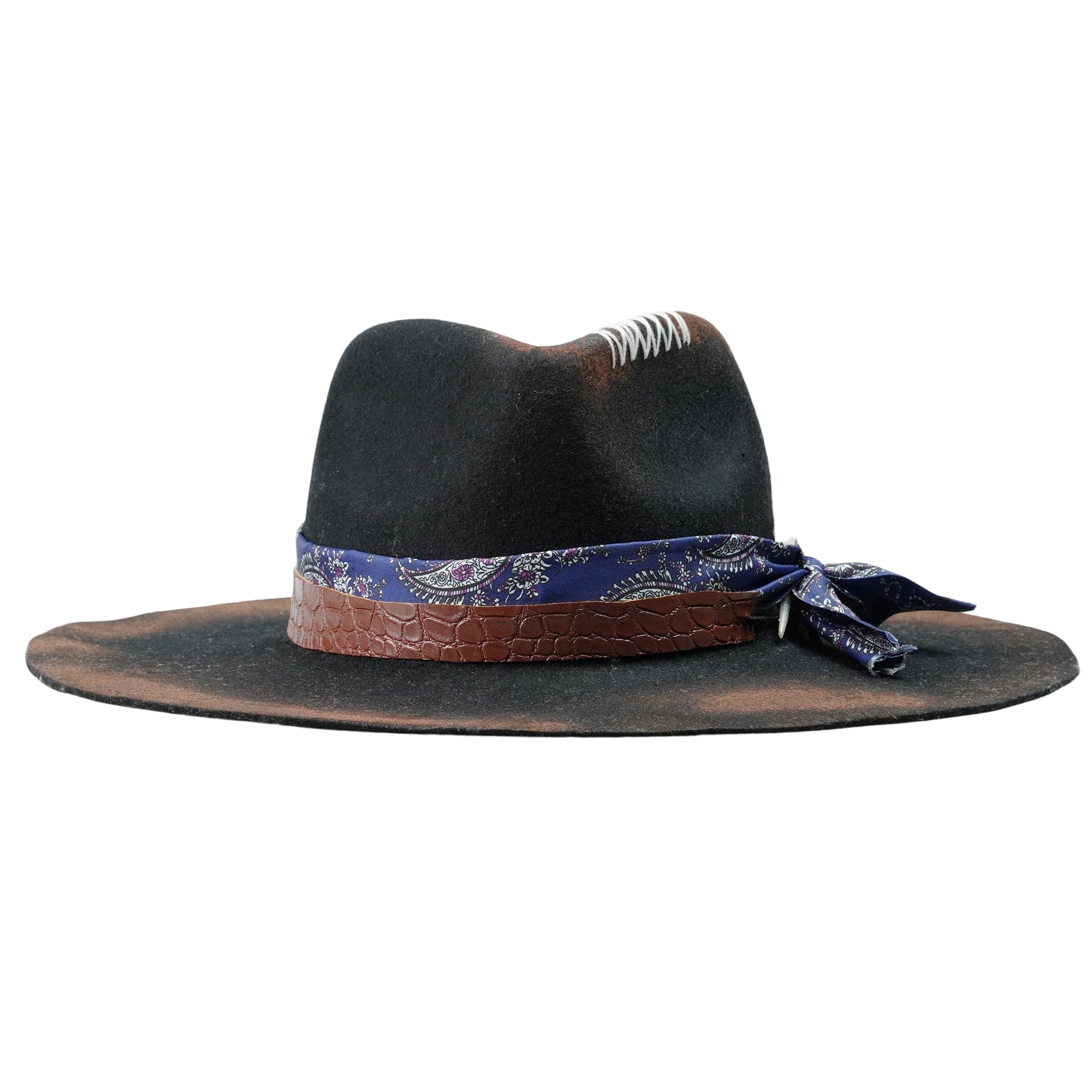 Distressed Felt Hat – Croc-Texture Band, Feather Accent