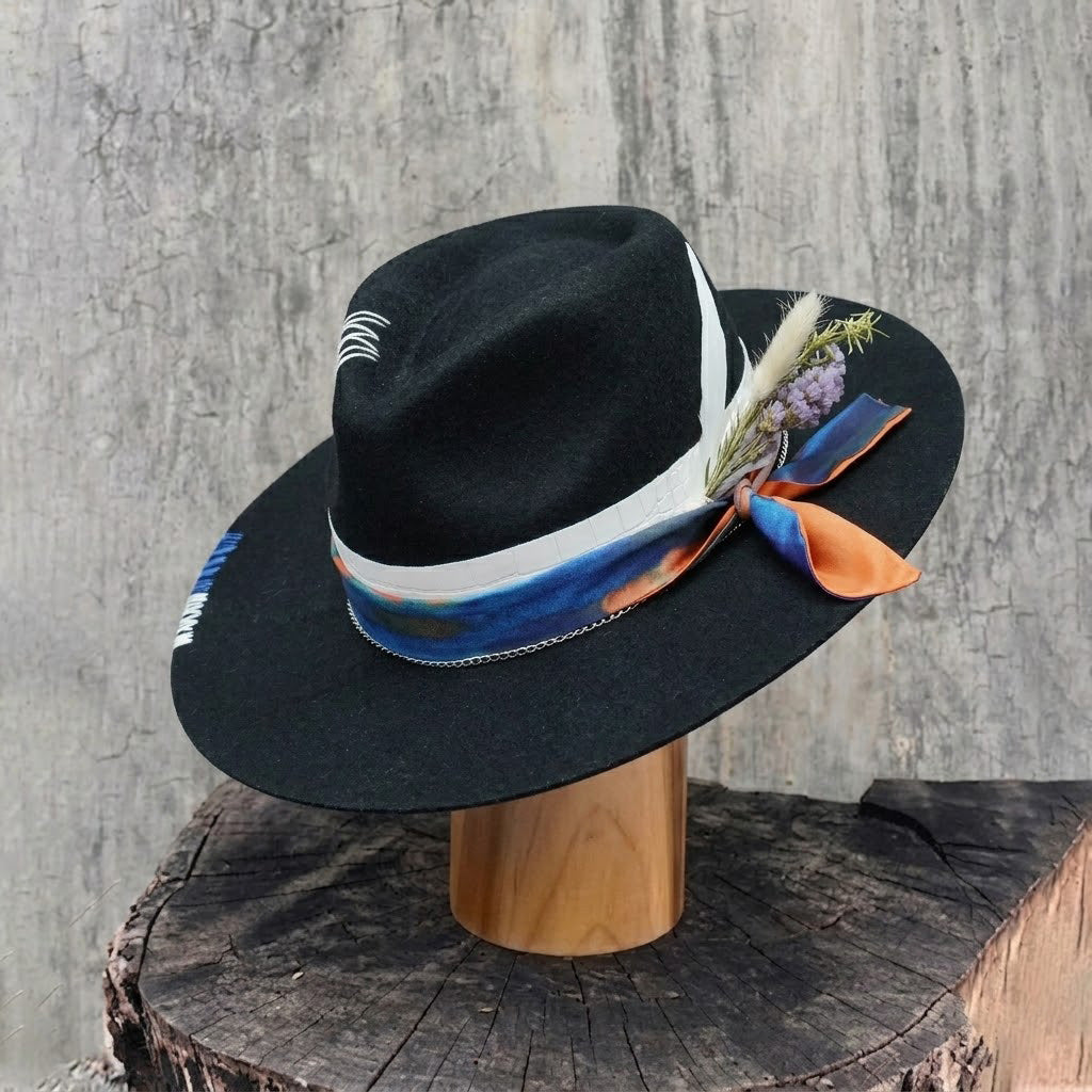 Black Felt Hat - Stitched Detail with Art Fabric Strap