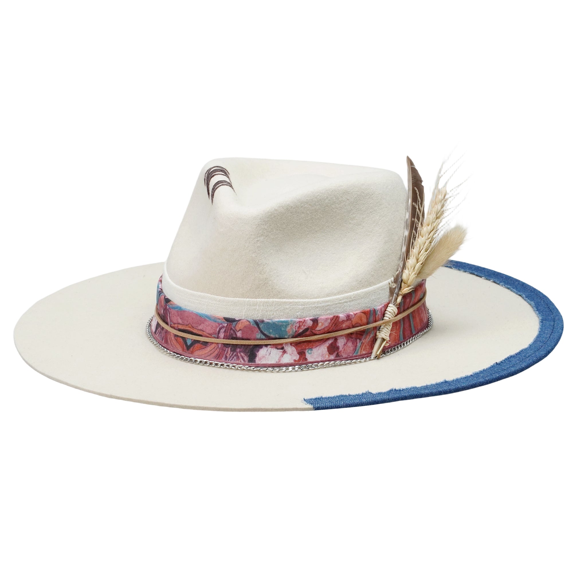 Stitched Teardrop Fedora - Off-White with Dried Flower Bouquet