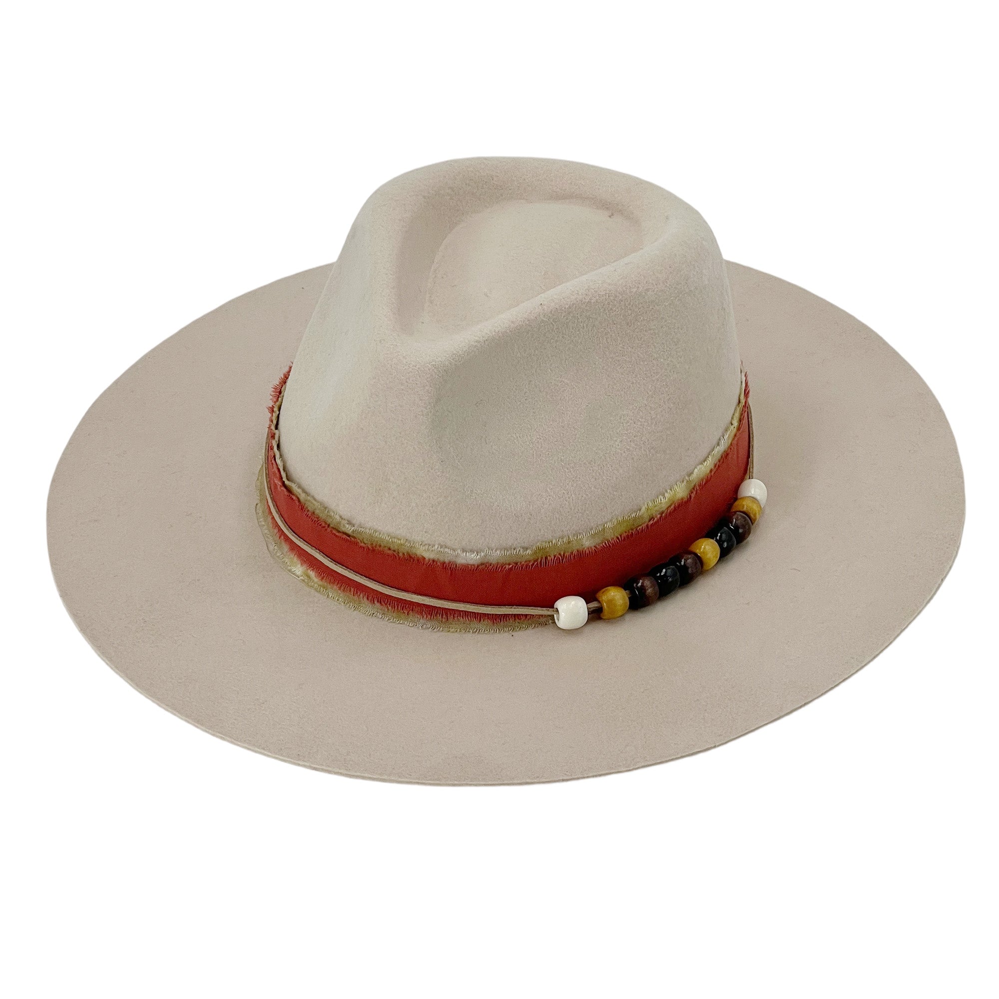 Beige Wide-Brim Felt Hat – Beaded Band