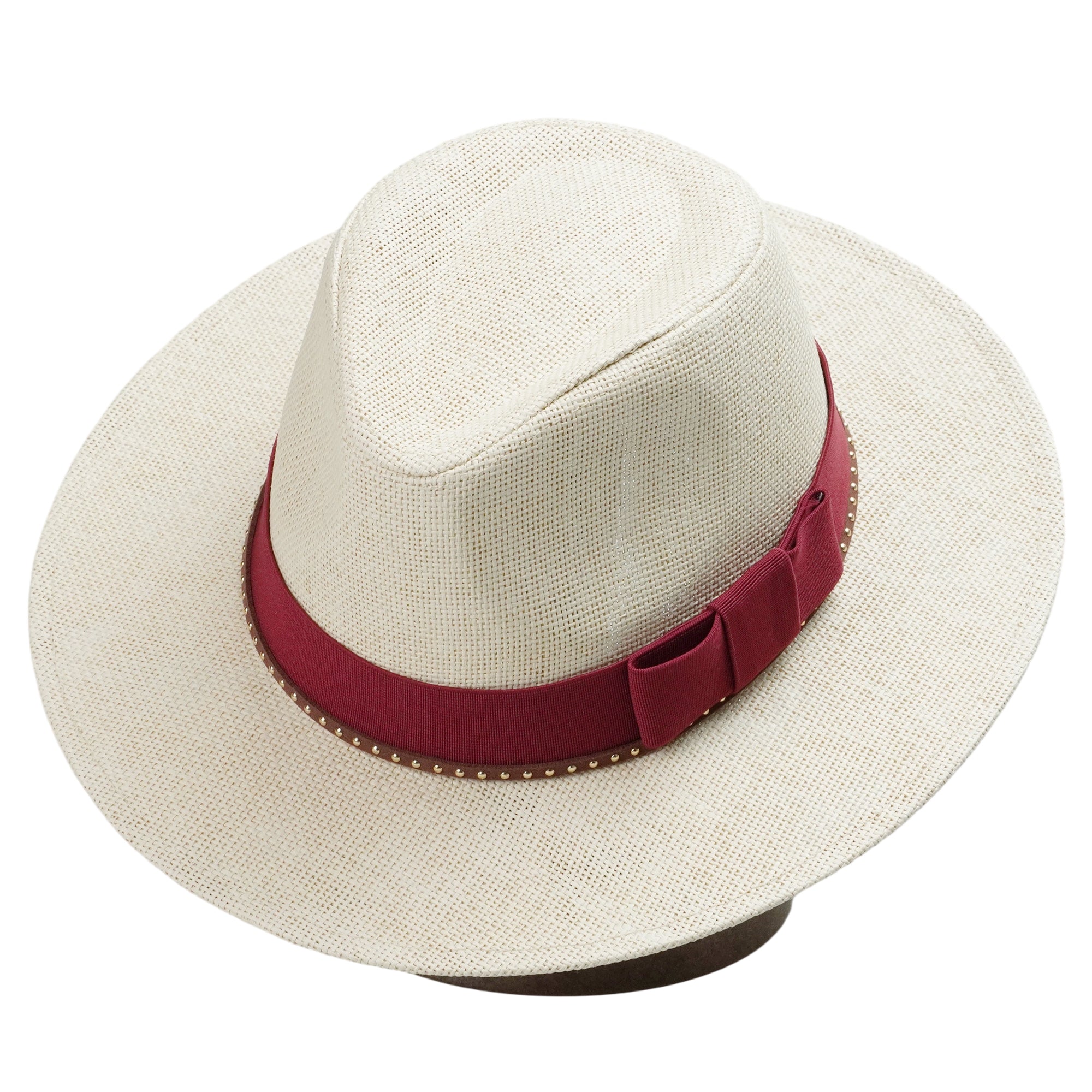 Beige Straw Hat with Dark Red Wide Band & Thin Cord