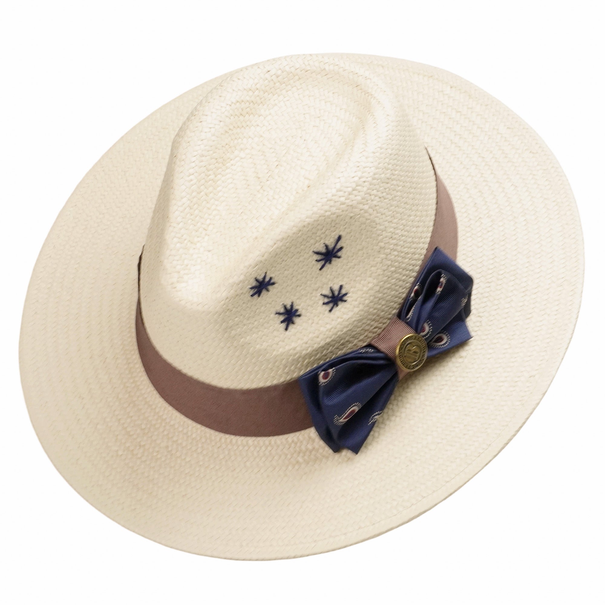 Beige Straw Hat with Delicate Bow & Star Stitching