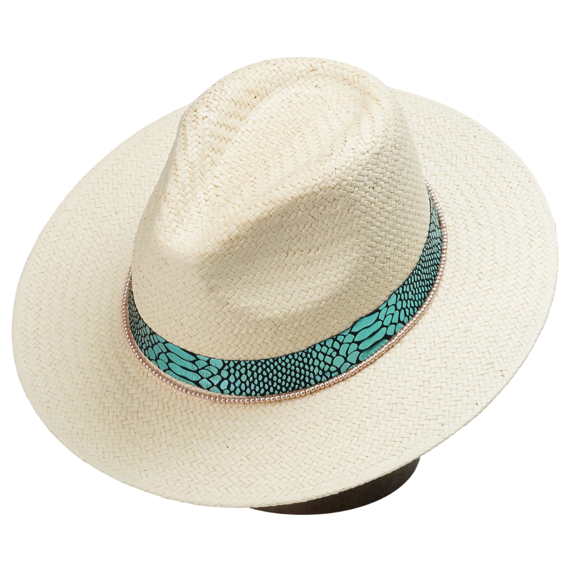 Beige Straw Hat with Champagne Beads & Luxe Fabric Band
