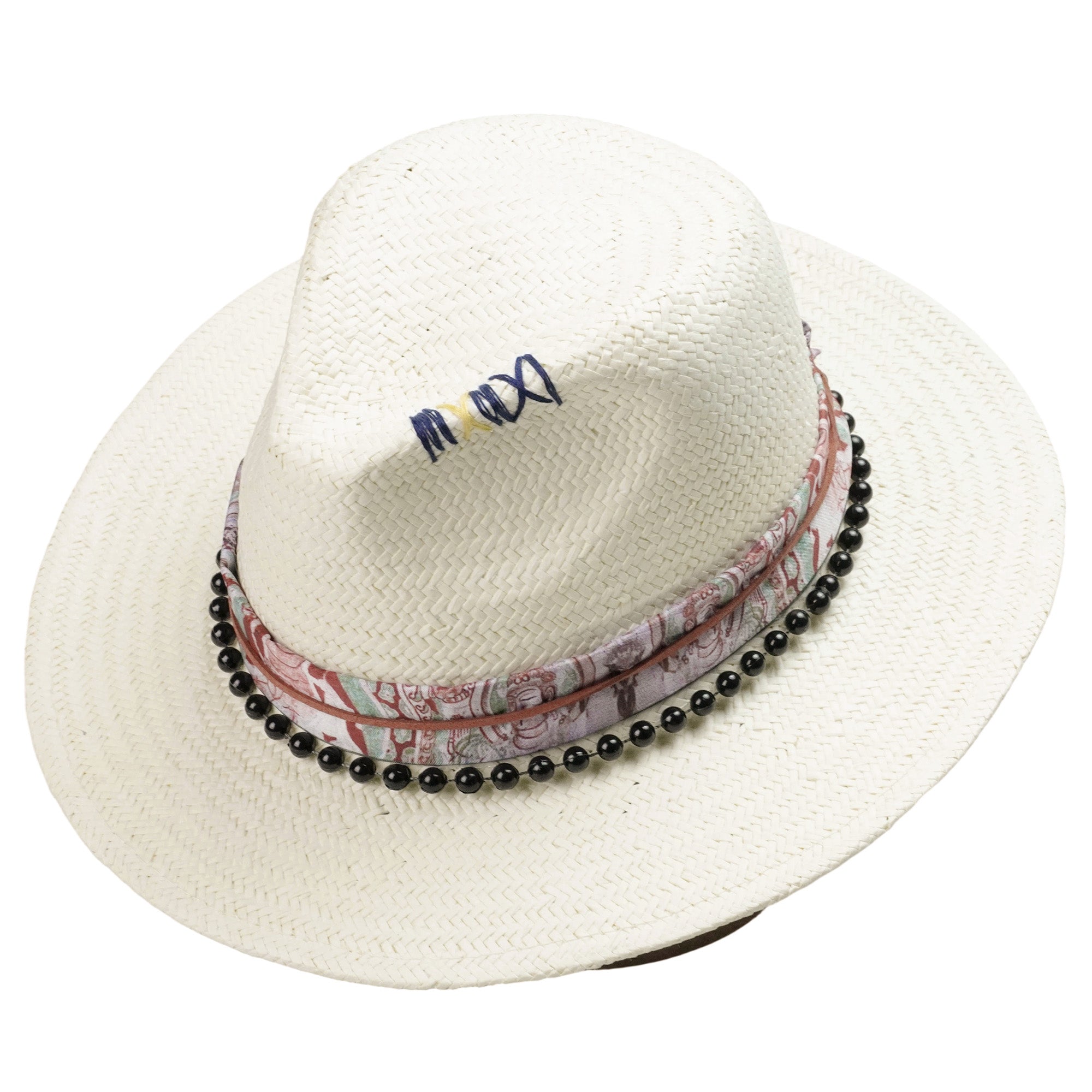 White Straw Hat with Printed Band & Black Beads