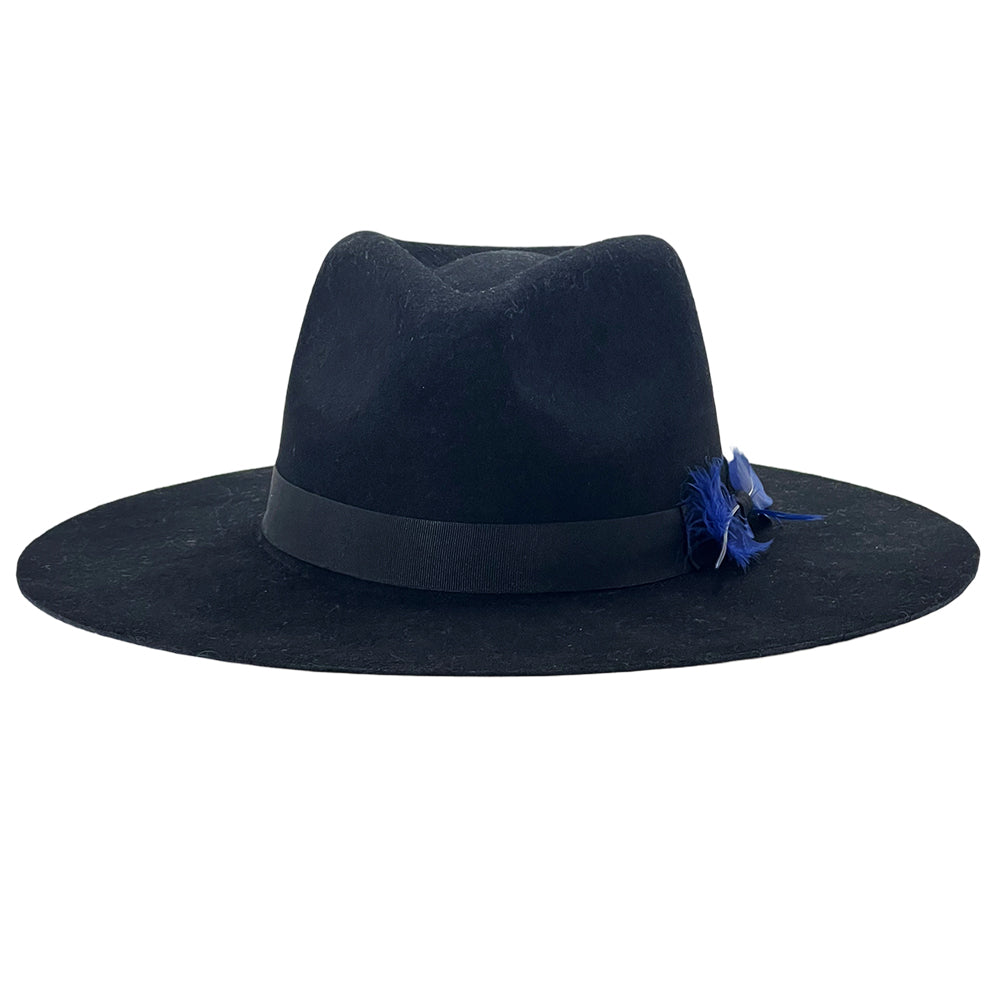 Midnight Black Flat-Brim – Blue Feather Accent
