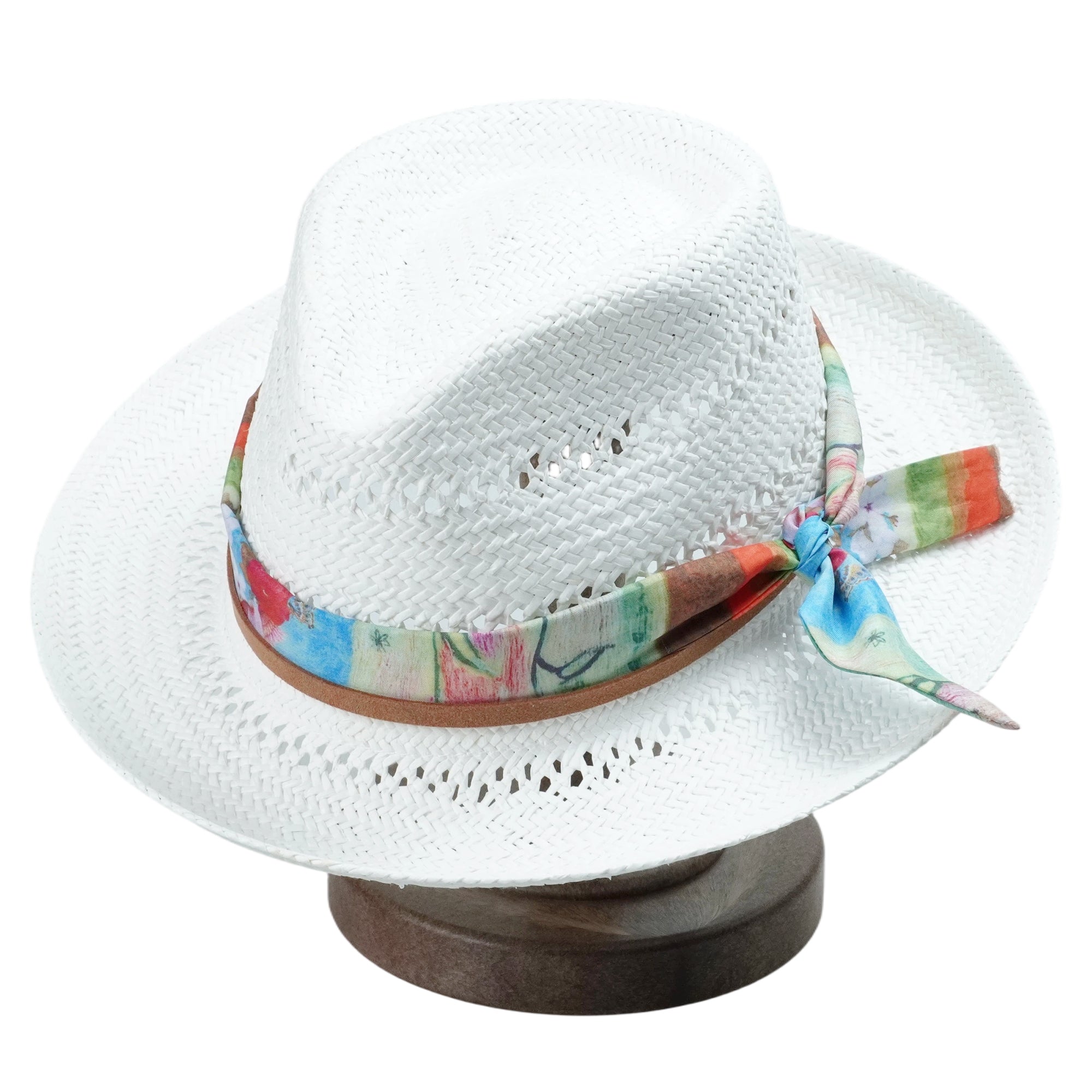 White Straw Hat - Hollow Design with Colorful Fabric Accent