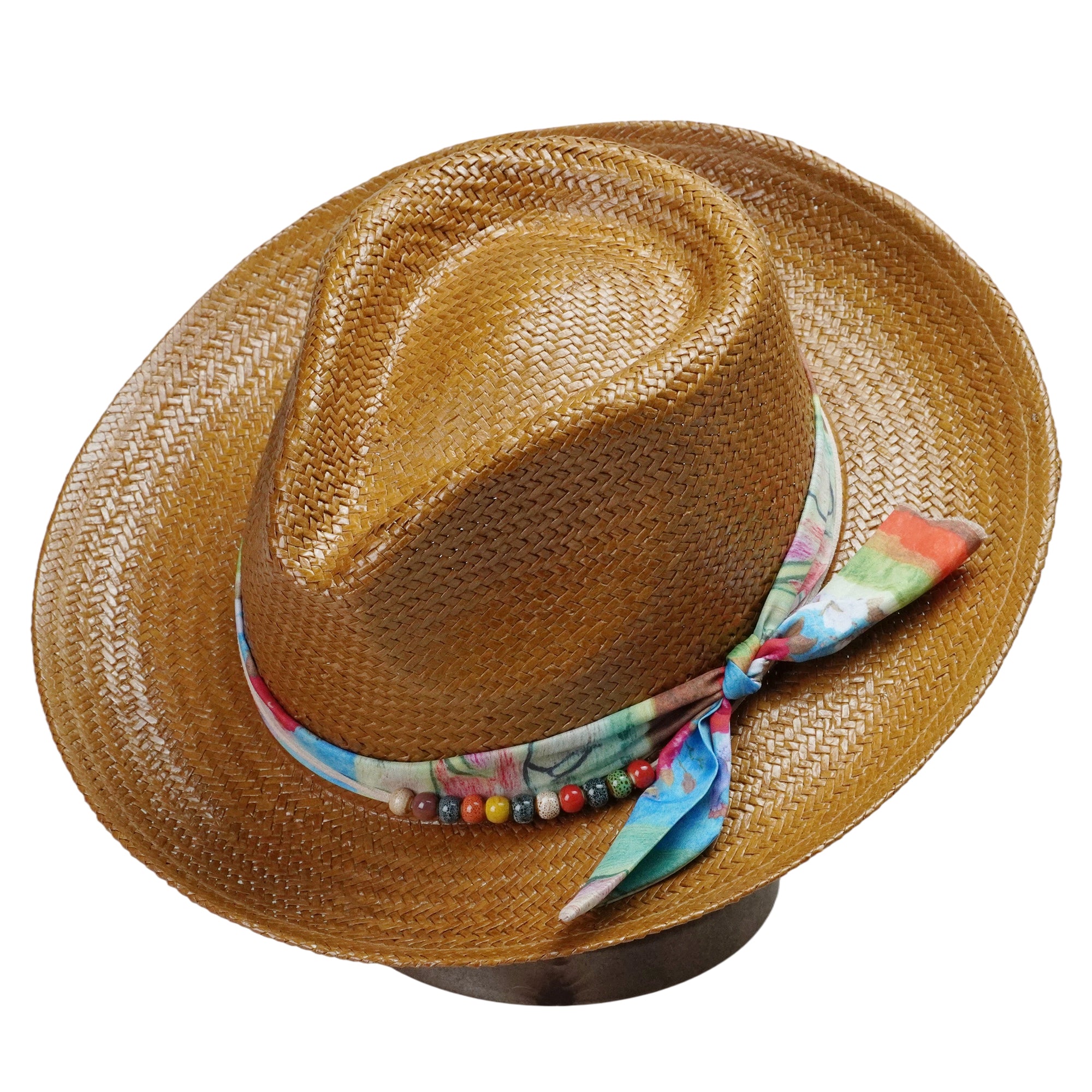 Caramel Straw Hat with Colorful Fabric Band & Beads