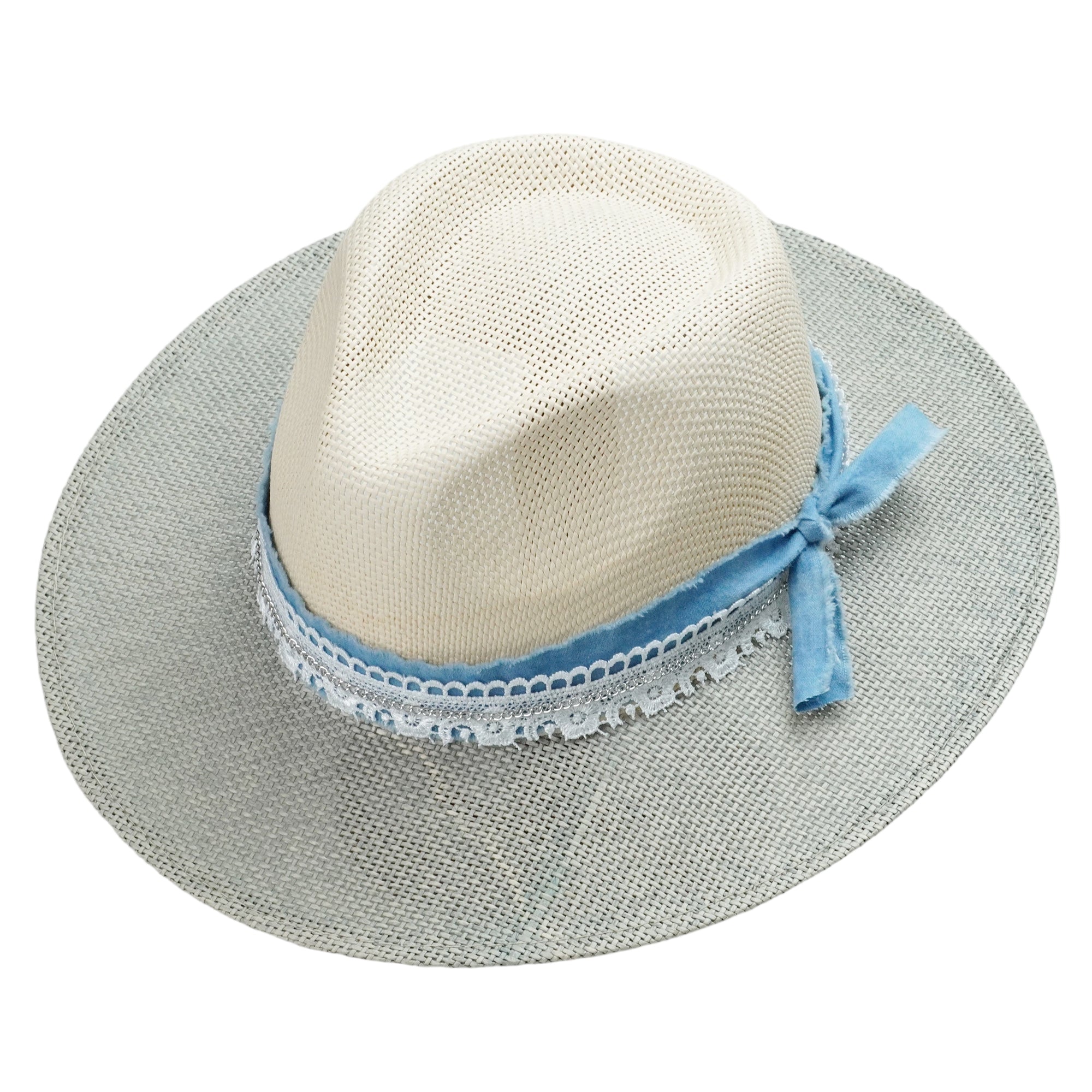Two-Tone Straw Hat with Denim Band & Silver Chain