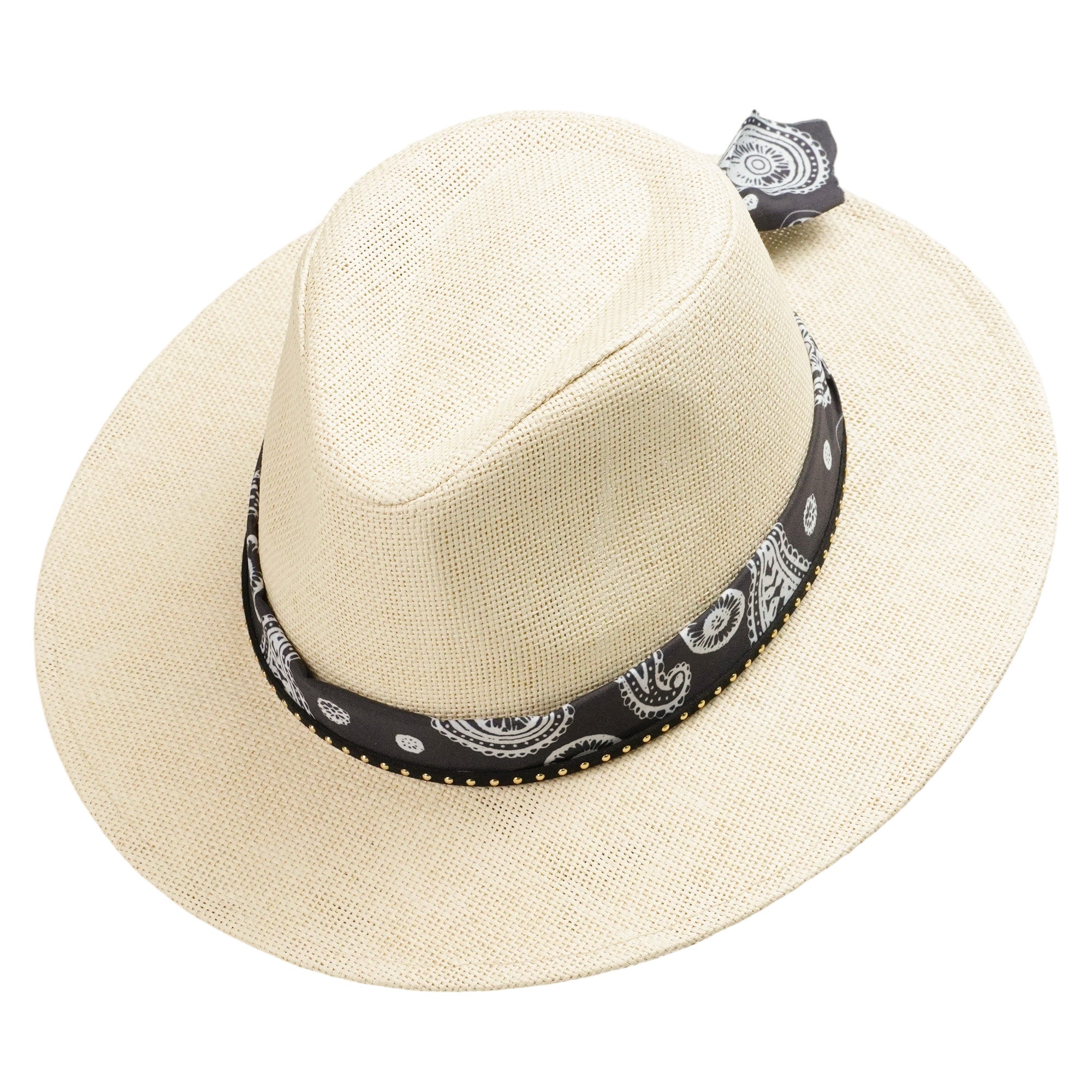 Off-White Straw Hat with Black & White Pattern Band