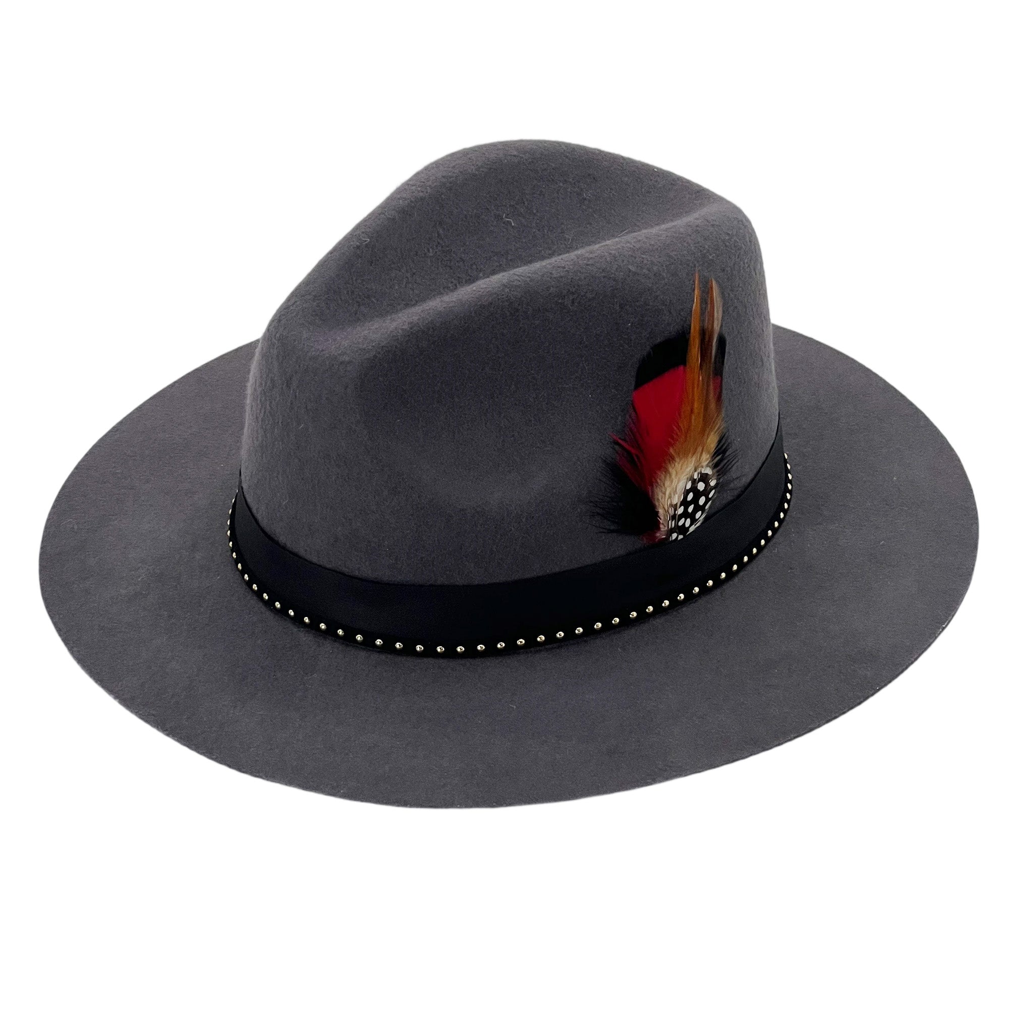 Deep Gray Wide-Brim – Bright Feather Accent