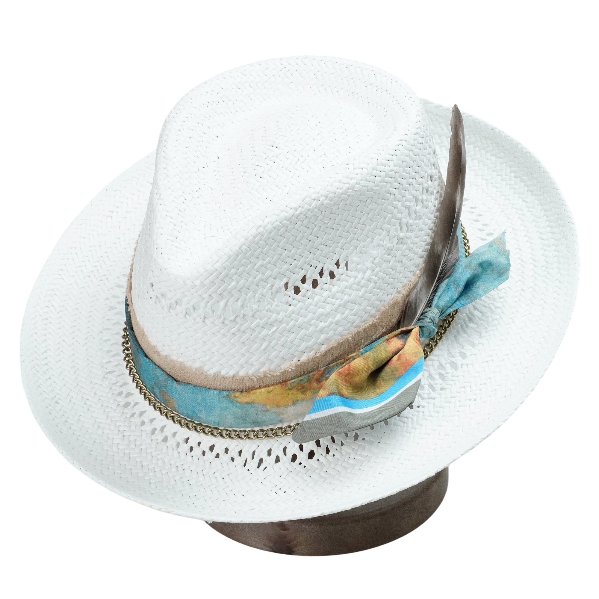 White Straw Hat - Classic Teardrop with Metal Chain Detail