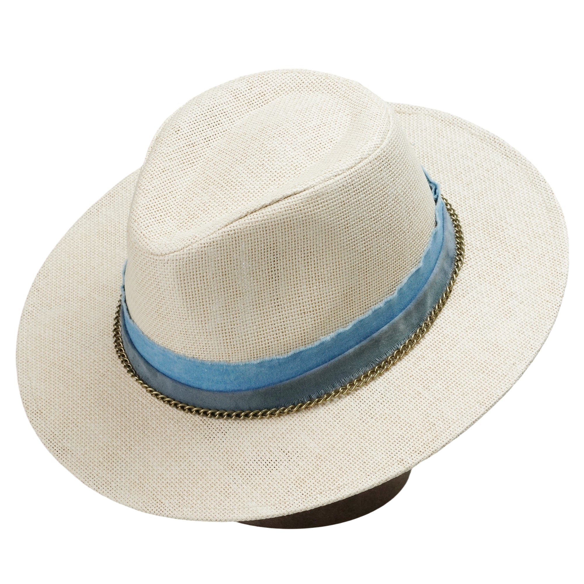 Off-White Straw Hat with Blue Band & Copper Chain